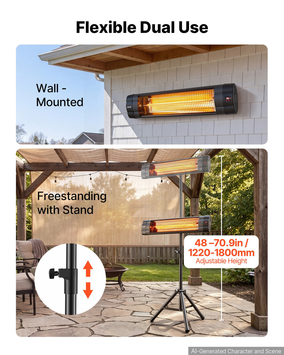VEVOR Infrared Heater 2500W Electric Space Heater with Tripod Remote Black, 3 Heat Settings, Panel Control, 24-Hour Timer, Premium PP Material, Even Warmth for Patios, Backyards, Balconies Outdoor Use
