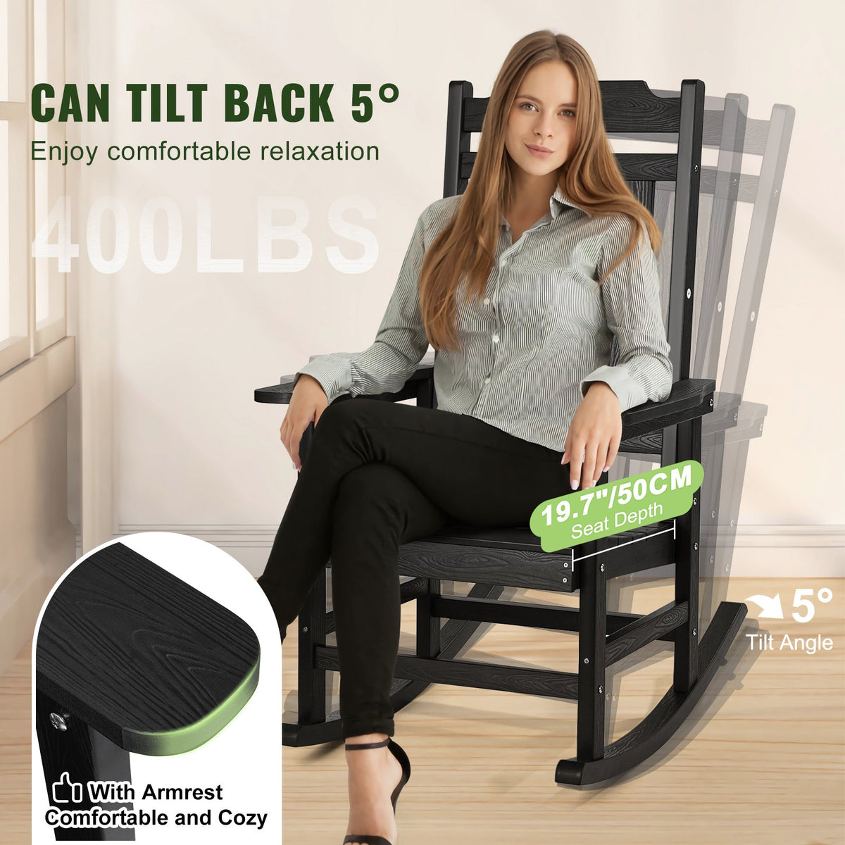 VEVOR 2 Pcs Porch Rocker, HIPS Outdoor Rocking Chair, High Back Patio Rocking Chair with Smooth Armrests, Supports up to 400 lbs, for Garden, Balcony, Porch, Black