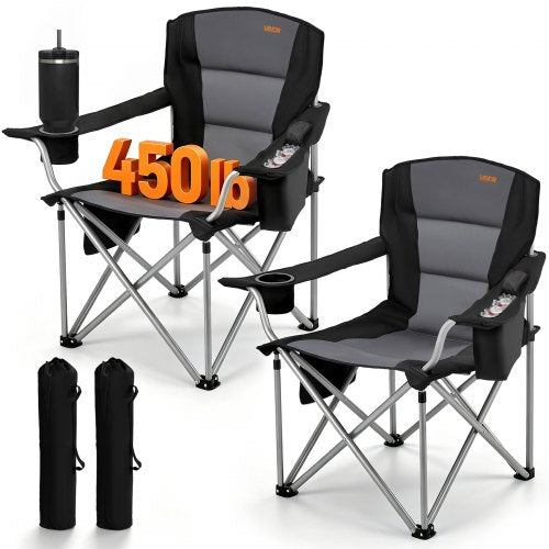 VEVOR Oversized Camping Chairs, 450 lbs Heavy Duty Support, Portable Folding Camp Chairs with Padded Backrest & Armrests, Cup Holder & Side Pocket, Cooler Bag, Carry Bags for Outdoor, Fishing, 2 Pack