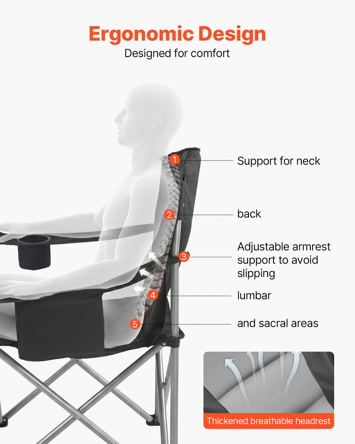 VEVOR Oversized Camping Chairs, 450 lbs Heavy Duty Support, Portable Folding Camp Chairs with Padded Backrest & Armrests, Cup Holder & Side Pocket, Cooler Bag, Carry Bags for Outdoor, Fishing, 2 Pack