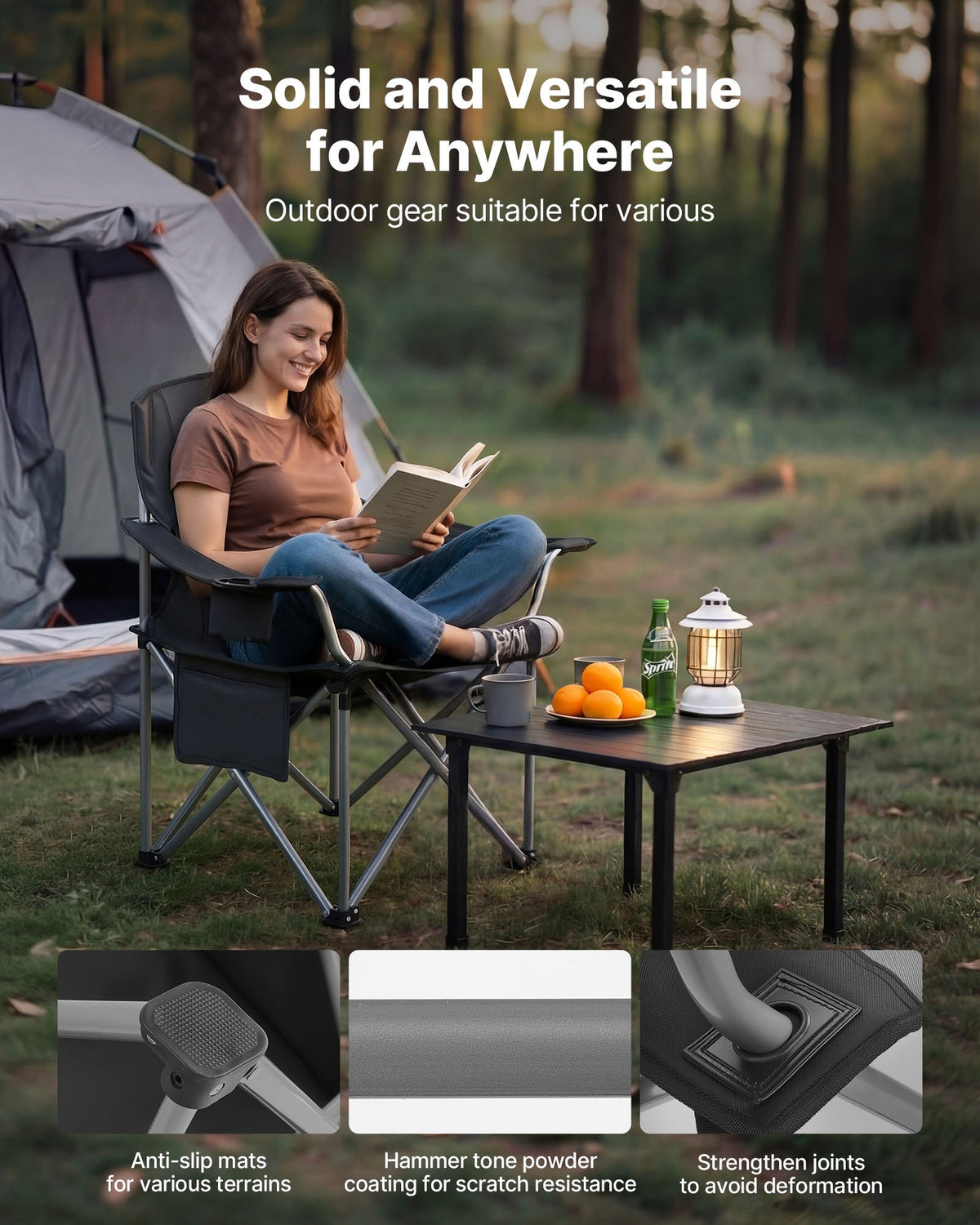 VEVOR Oversized Camping Chairs, 450 lbs Heavy Duty Support, Portable Folding Camp Chairs with Padded Backrest & Armrests, Cup Holder & Side Pocket, Cooler Bag, Carry Bags for Outdoor, Fishing, 2 Pack