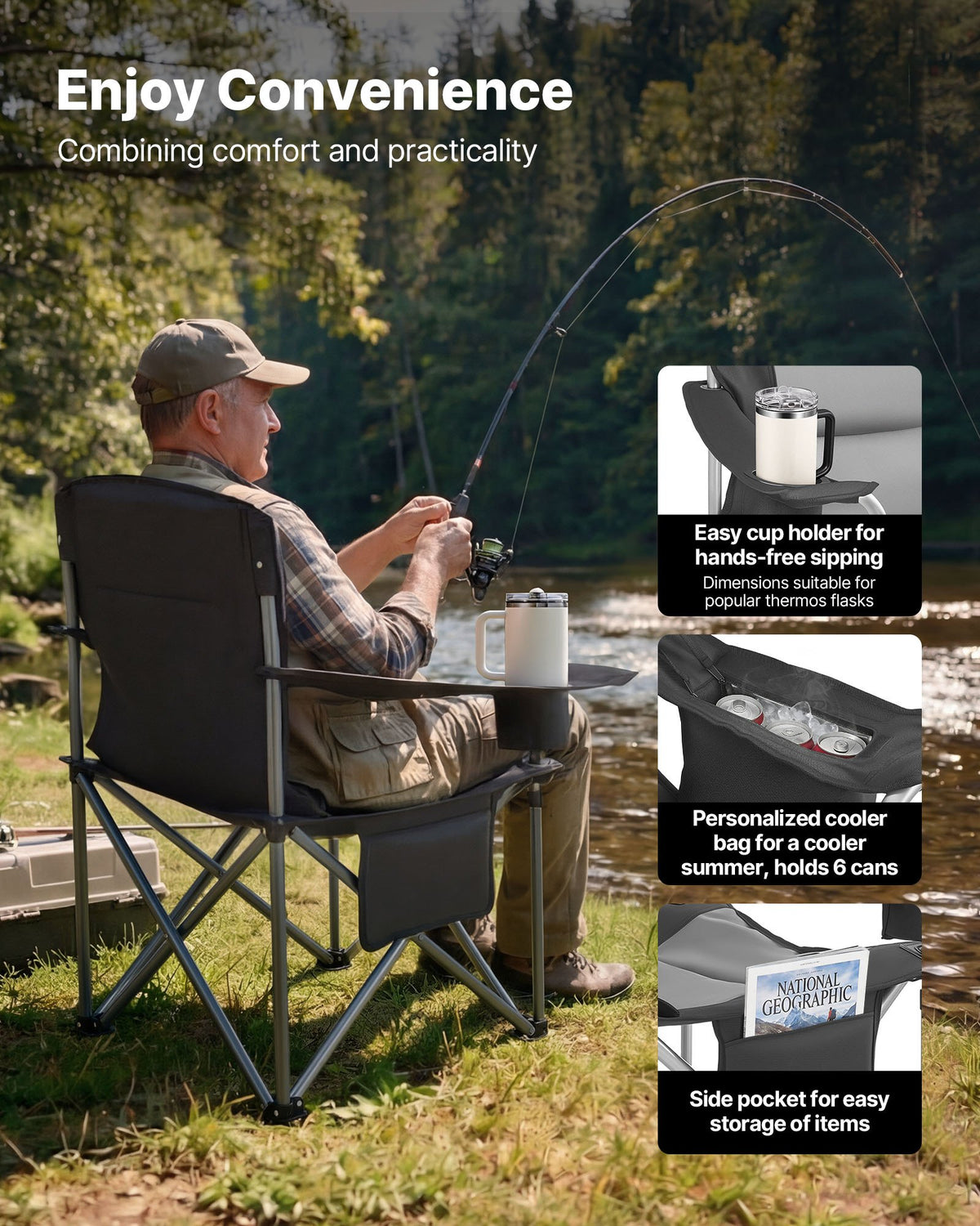 VEVOR Oversized Camping Chairs, 450 lbs Heavy Duty Support, Portable Folding Camp Chairs with Padded Backrest & Armrests, Cup Holder & Side Pocket, Cooler Bag, Carry Bags for Outdoor, Fishing, 2 Pack