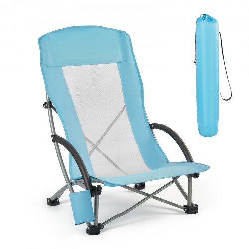 VEVOR Folding Beach Chair, High Back Camping Chairs for Adults, with Cup Pocket, Mesh Back, Carry Bag, Portable Extra Wide Seat Chair 150 kg Heavy Duty Support, for Outdoor, Camp, Light Blue