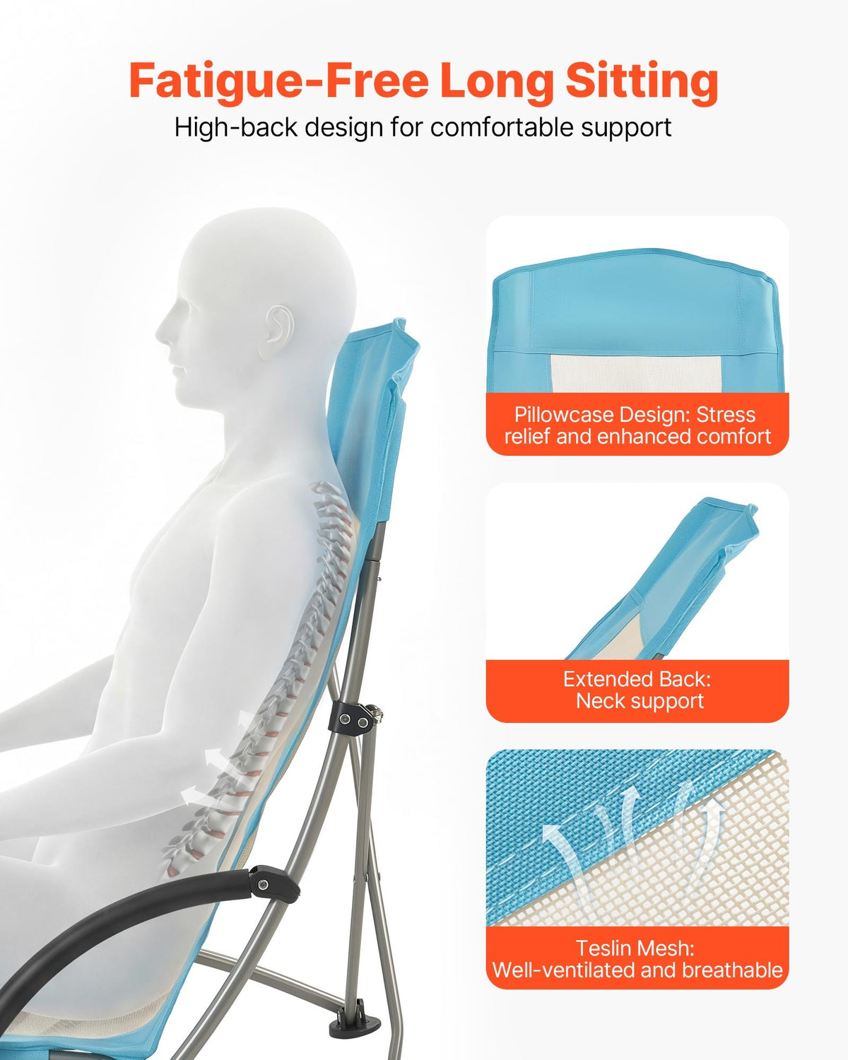 VEVOR Folding Beach Chair, High Back Camping Chairs for Adults, with Cup Pocket, Mesh Back, Carry Bag, Portable Extra Wide Seat Chair 150 kg Heavy Duty Support, for Outdoor, Camp, Light Blue