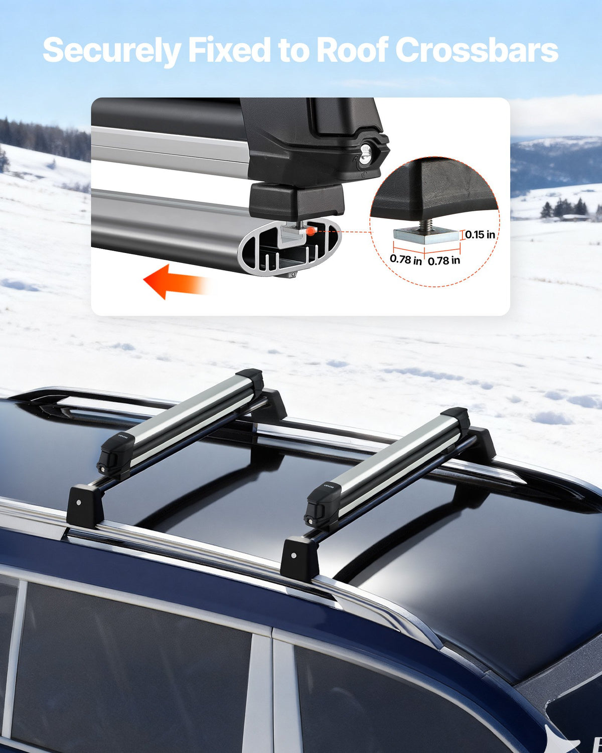 VEVOR Ski & Snowboard Roof Rack, Carry up to 6 Pairs of Skis or 4 Snowboards, 2 PCS Aluminum Universal Car Roof Rack Top Holder with Lock & Rubber Padding for Fishing Rod, Fit Most Slotted Crossbars