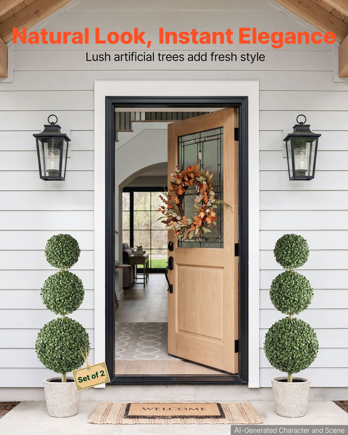 VEVOR Artificial Boxwood Topiary Triple Ball 914 mm Set of 2 Greenery Decor, Premium PE Fake Trees, Year-Round Indoor & Outdoor Faux Green Plant for Front Door, Entryway, Porch, Balcony, Patio, Garden
