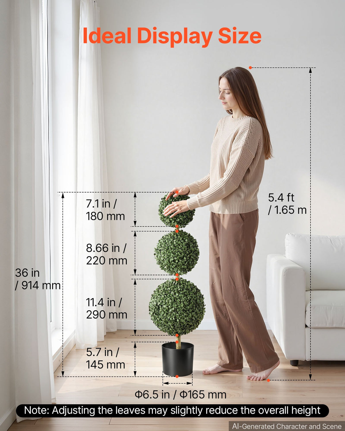 VEVOR Artificial Boxwood Topiary Triple Ball 914 mm Set of 2 Greenery Decor, Premium PE Fake Trees, Year-Round Indoor & Outdoor Faux Green Plant for Front Door, Entryway, Porch, Balcony, Patio, Garden