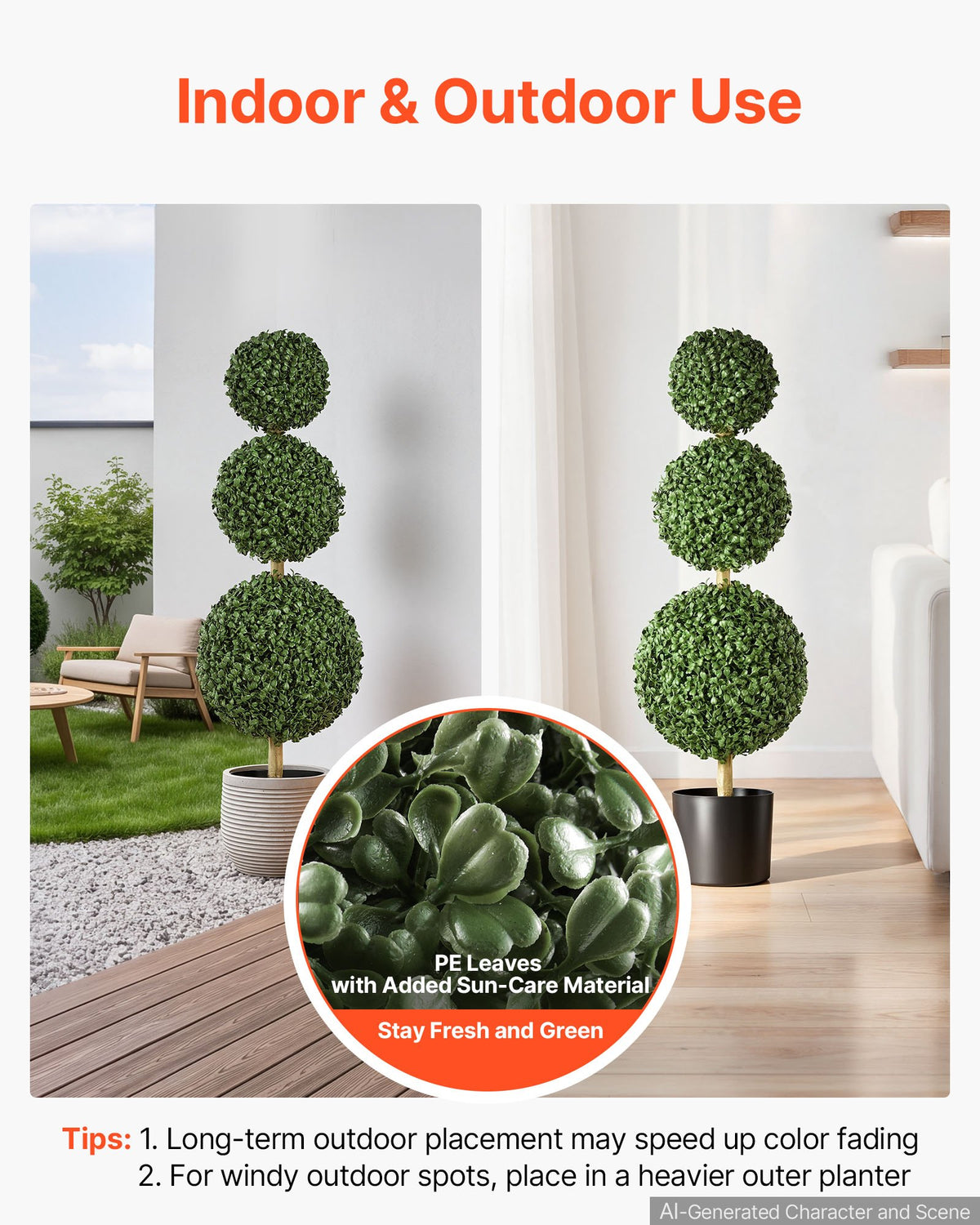VEVOR Artificial Boxwood Topiary Triple Ball 914 mm Set of 2 Greenery Decor, Premium PE Fake Trees, Year-Round Indoor & Outdoor Faux Green Plant for Front Door, Entryway, Porch, Balcony, Patio, Garden