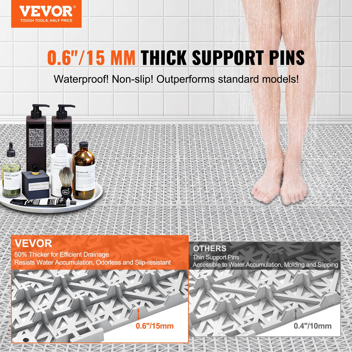 VEVOR Interlocking Drainage Floor Mat 30.5 x 30.5 cm PVC Non-Slip Floor Tiles 12 Pack