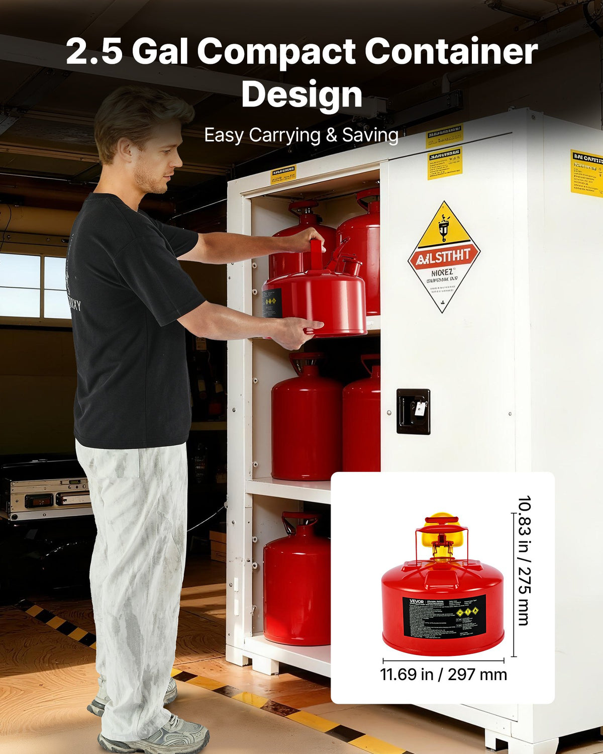 VEVOR Safety Gas Can, 9.5 L Type I Red Safety Can for Gasoline with Stainless Steel Flame Arrester, Self-Closing Lid, and PE Funnel, Carbon Steel Flammable Storage Container with Ergonomic Handle