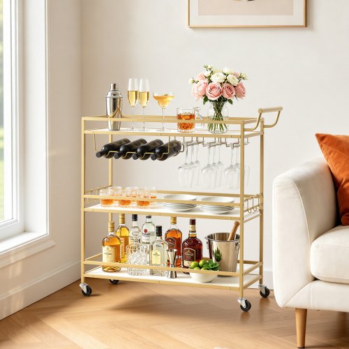 VEVOR Bar Cart, 3 Tiers Home Kitchen Serving Carts, Modern Rolling Utility Station on Wheels, Mobile Drink Beverage Trolley with Wooden Shelf, Wine Rack, and Glass Holder, 910x330x935mm, Gold