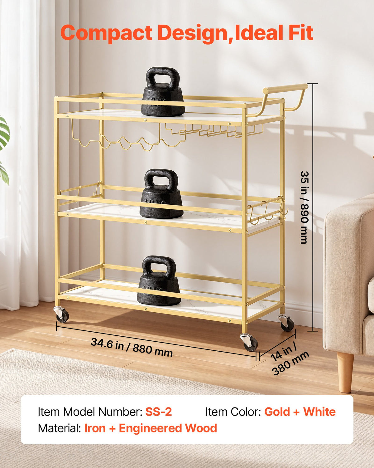 VEVOR Bar Cart, 3 Tiers Home Kitchen Serving Carts, Modern Rolling Utility Station on Wheels, Mobile Drink Beverage Trolley with Wooden Shelf, Wine Rack, and Glass Holder, 910x330x935mm, Gold