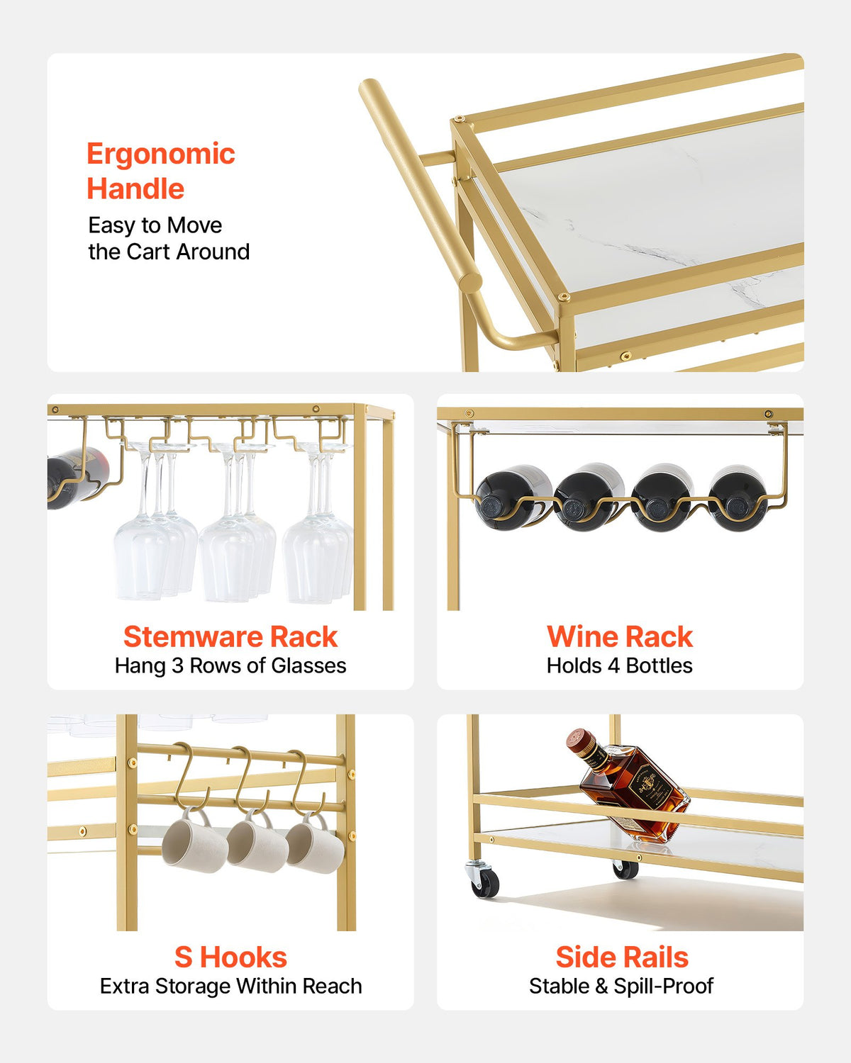 VEVOR Bar Cart, 3 Tiers Home Kitchen Serving Carts, Modern Rolling Utility Station on Wheels, Mobile Drink Beverage Trolley with Wooden Shelf, Wine Rack, and Glass Holder, 910x330x935mm, Gold