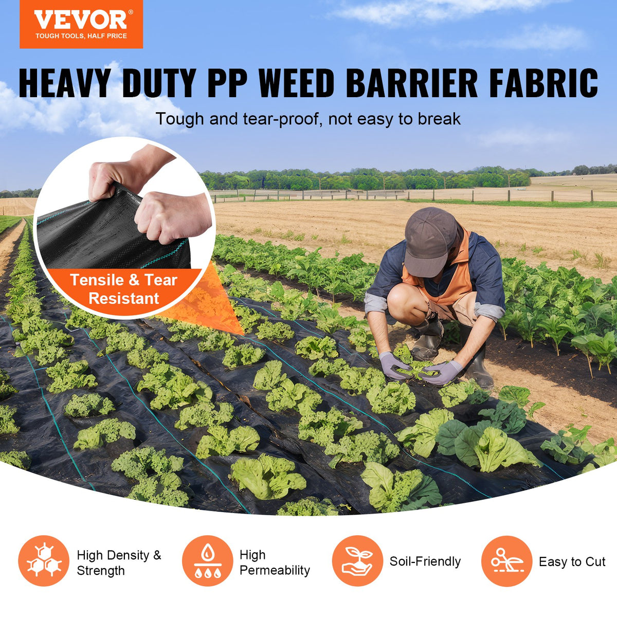 VEVOR Weed Barrier Landscape Fabric, 2 x 100.6 m Heavy Duty Garden Weed Fabric, Woven PP Weed Control Fabric, Driveway Fabric, Geotextile Fabric for Landscaping, Ground Cover, Weed Blocker Weed Mat, Black