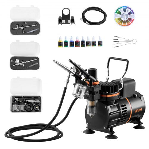 VEVOR Airbrush Kit, 1/6 HP, Air Brush Kit with Air Compressor, 3 Dual-Action Professional Airbrushes with 3 Tips, Hose, Acrylic Paint, 2 Fans, Low Noise, for Cake Decorating, Model Painting, Nail Art