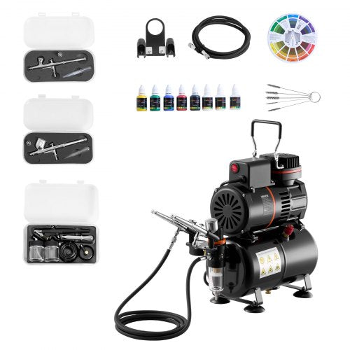 VEVOR Airbrush Kit, 1/6 HP, Air Brush Kit with Air Compressor and Tank, 3 Dual-Action Professional Airbrushes with 3 Tips, Hose, Acrylic Paint, 2 Fans, for Cake Decorating, Model Painting, Nail Art