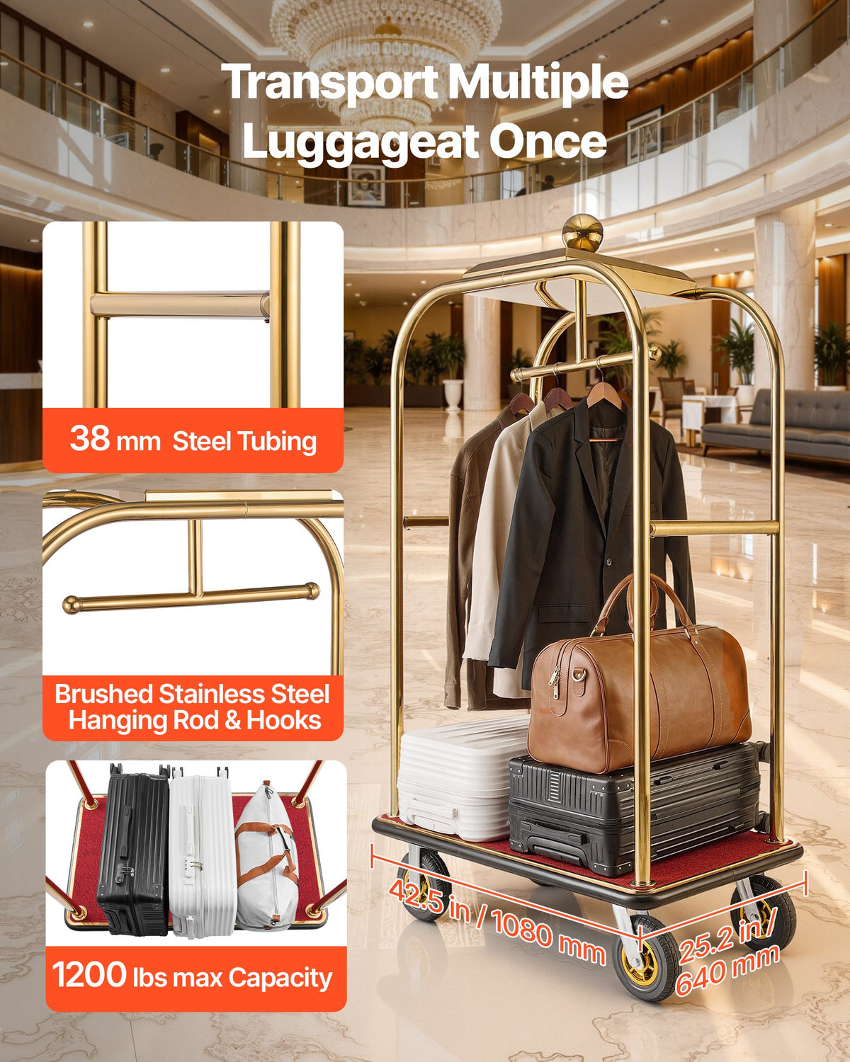 VEVOR Hotel Luggage Cart, 544.31 kg Heavy Duty Bellman Cart with Stainless Steel Frame, 203 mm Rubber Wheels, Red Carpeted Deck, Commercial Luggage Carrier Rolling Trolley for Hotels, Resorts, Gold