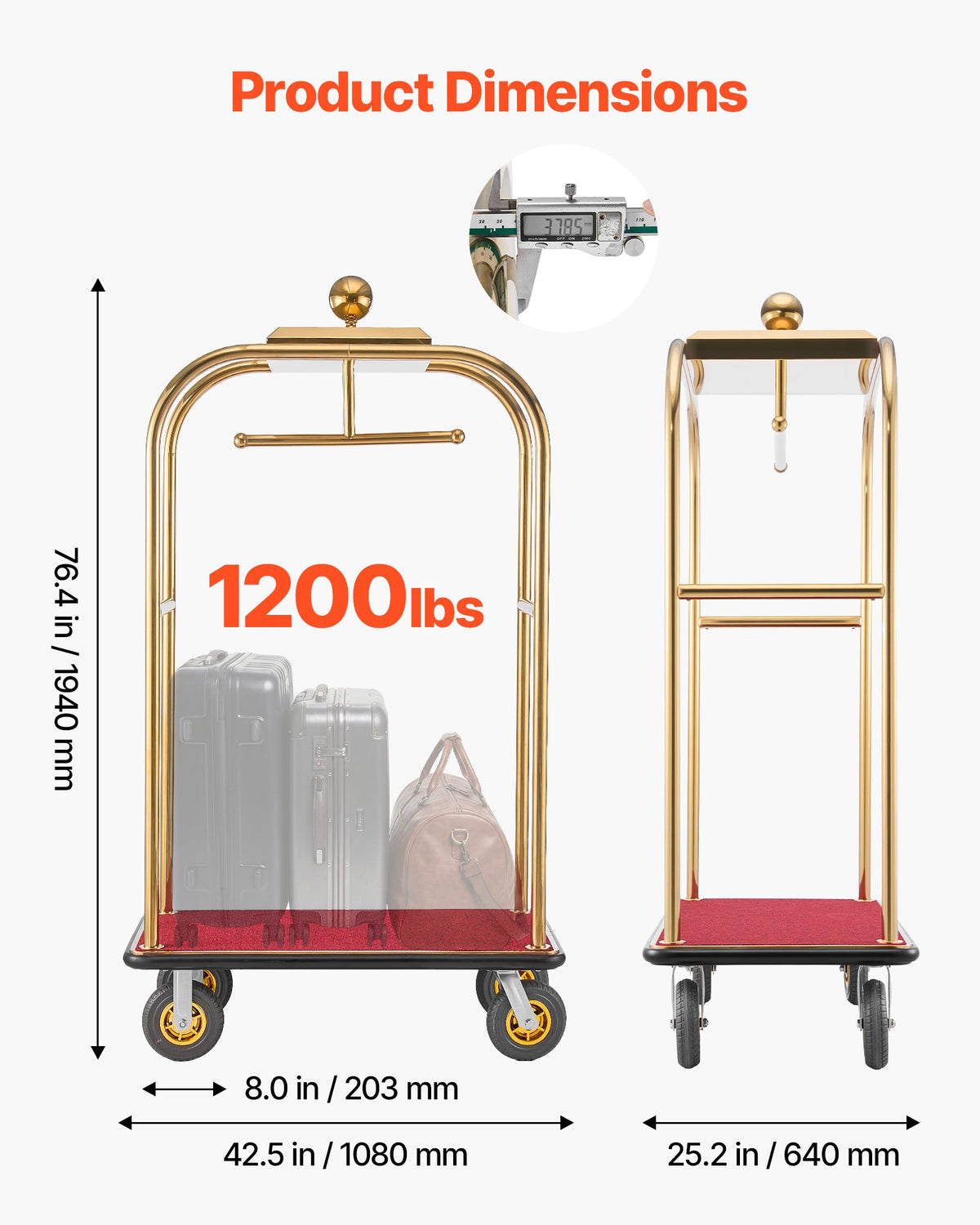 VEVOR Hotel Luggage Cart, 544.31 kg Heavy Duty Bellman Cart with Stainless Steel Frame, 203 mm Rubber Wheels, Red Carpeted Deck, Commercial Luggage Carrier Rolling Trolley for Hotels, Resorts, Gold