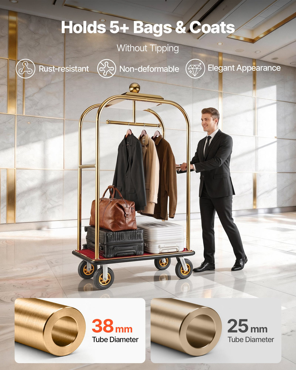 VEVOR Hotel Luggage Cart, 544.31 kg Heavy Duty Bellman Cart with Stainless Steel Frame, 203 mm Rubber Wheels, Red Carpeted Deck, Commercial Luggage Carrier Rolling Trolley for Hotels, Resorts, Gold