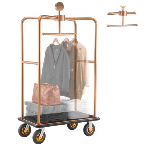 VEVOR Hotel Luggage Cart, 544.31 kg Heavy Duty Bellman Cart with Stainless Steel Frame, 203 mm Rubber Wheels, Black Carpeted Deck, Commercial Luggage Carrier Rolling Trolley for Hotels,Resorts, Rose Gold