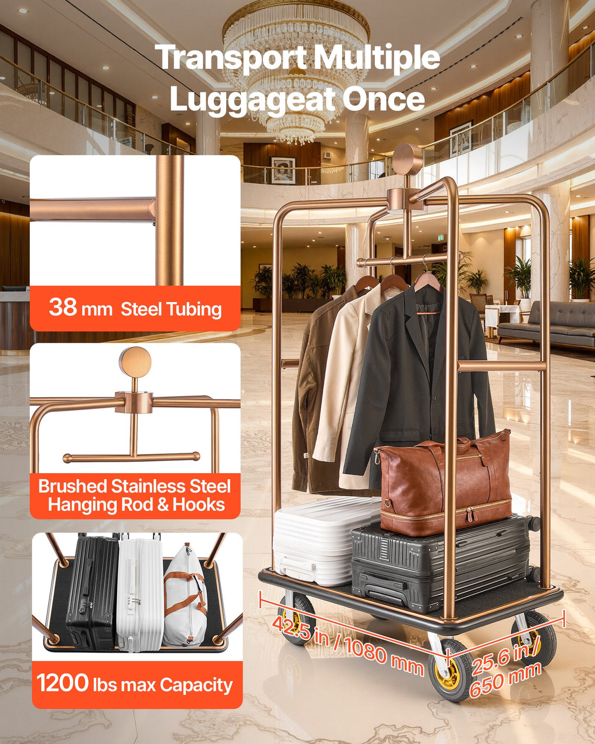 VEVOR Hotel Luggage Cart, 544.31 kg Heavy Duty Bellman Cart with Stainless Steel Frame, 203 mm Rubber Wheels, Black Carpeted Deck, Commercial Luggage Carrier Rolling Trolley for Hotels,Resorts, Rose Gold