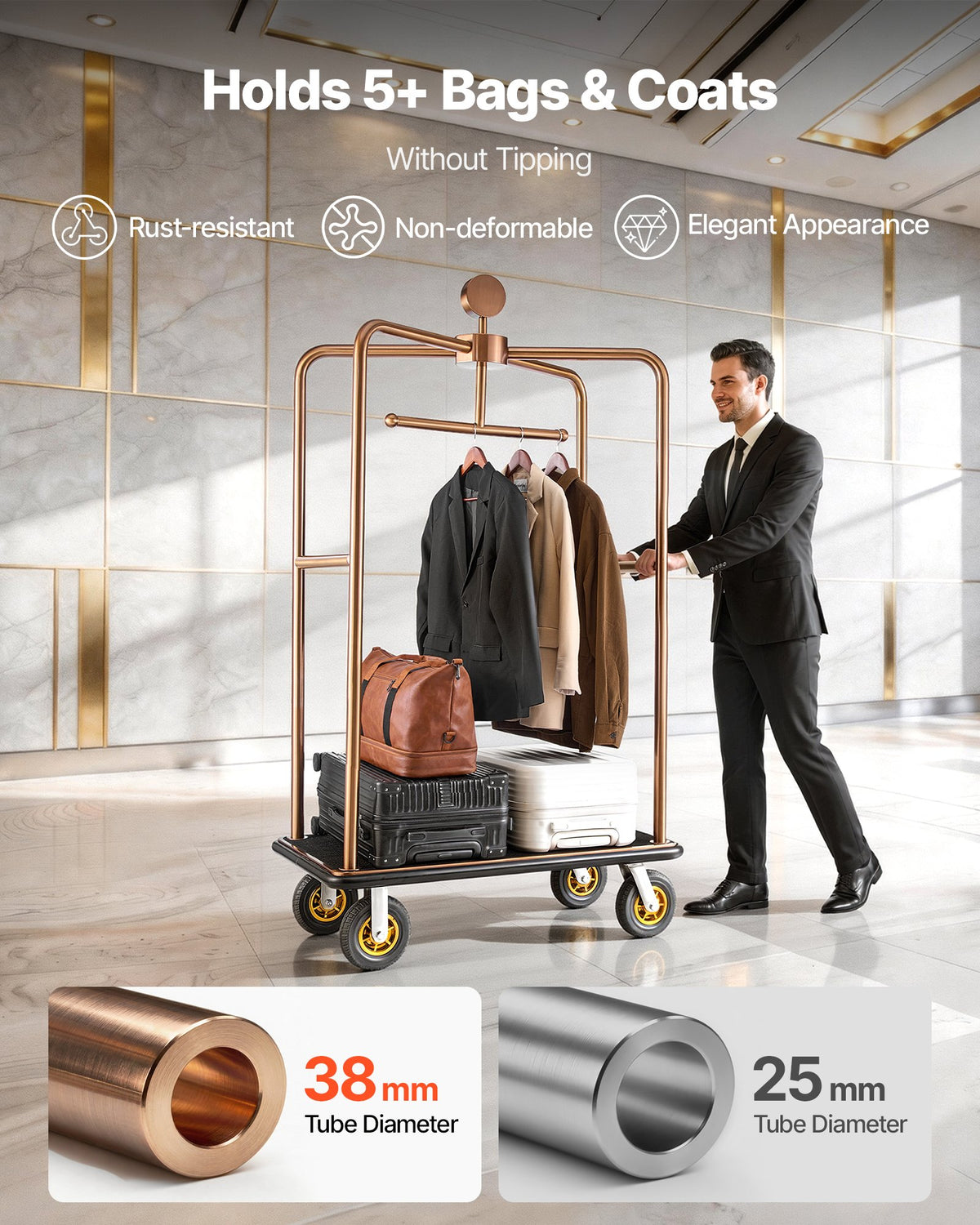 VEVOR Hotel Luggage Cart, 544.31 kg Heavy Duty Bellman Cart with Stainless Steel Frame, 203 mm Rubber Wheels, Black Carpeted Deck, Commercial Luggage Carrier Rolling Trolley for Hotels,Resorts, Rose Gold