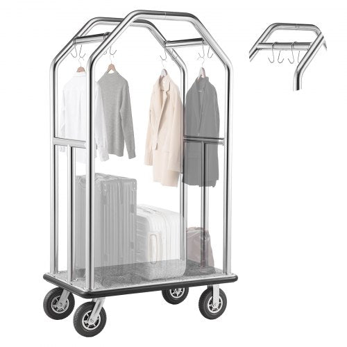 VEVOR Hotel Luggage Cart, 680.39 kg Heavy Duty Bellman Cart with Stainless Steel Frame, 203 mm Rubber Wheels, Gray Carpeted Deck, Commercial Luggage Carrier Rolling Trolley for Hotels,Resorts,Silver