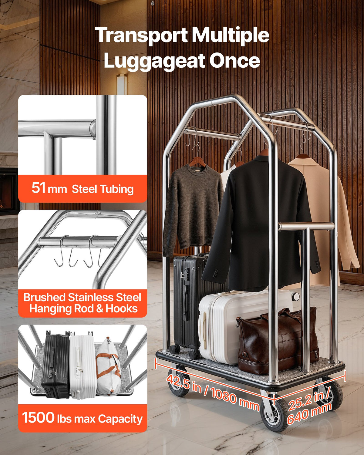 VEVOR Hotel Luggage Cart, 680.39 kg Heavy Duty Bellman Cart with Stainless Steel Frame, 203 mm Rubber Wheels, Gray Carpeted Deck, Commercial Luggage Carrier Rolling Trolley for Hotels,Resorts,Silver