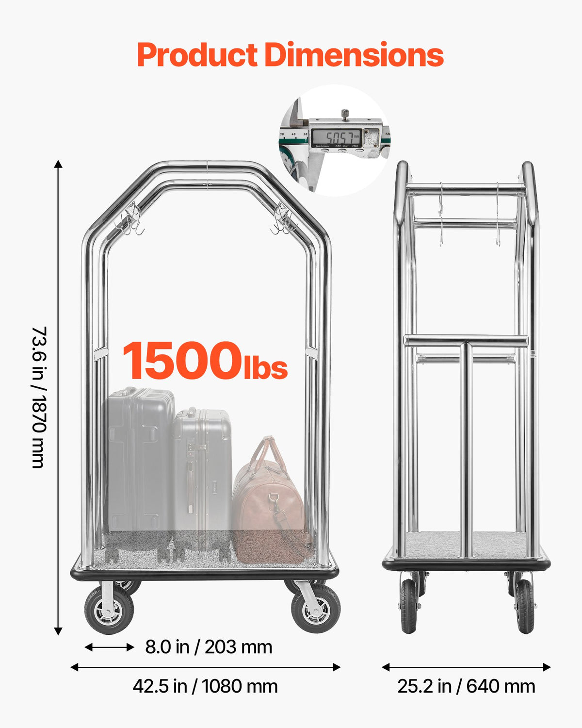 VEVOR Hotel Luggage Cart, 680.39 kg Heavy Duty Bellman Cart with Stainless Steel Frame, 203 mm Rubber Wheels, Gray Carpeted Deck, Commercial Luggage Carrier Rolling Trolley for Hotels,Resorts,Silver