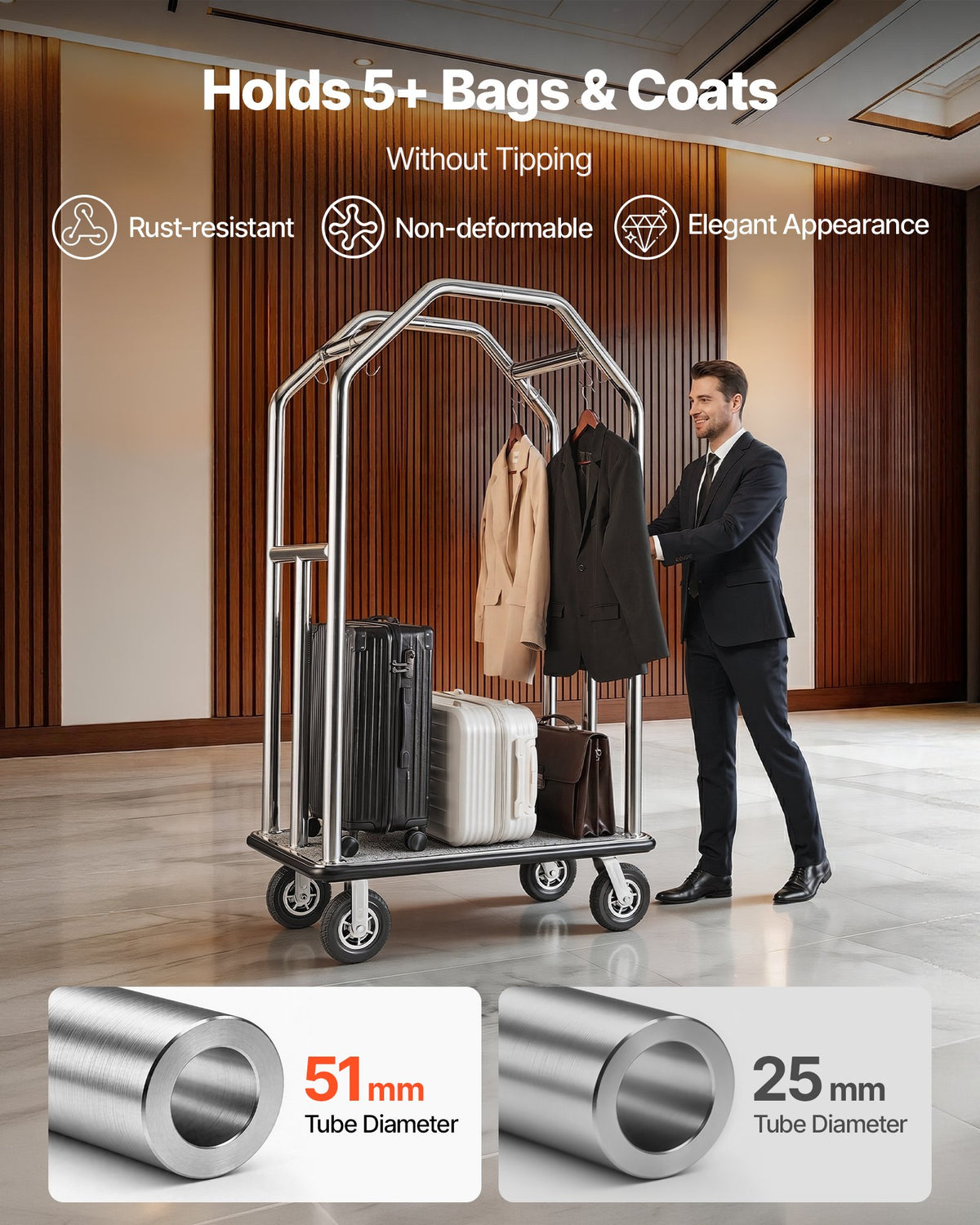 VEVOR Hotel Luggage Cart, 680.39 kg Heavy Duty Bellman Cart with Stainless Steel Frame, 203 mm Rubber Wheels, Gray Carpeted Deck, Commercial Luggage Carrier Rolling Trolley for Hotels,Resorts,Silver