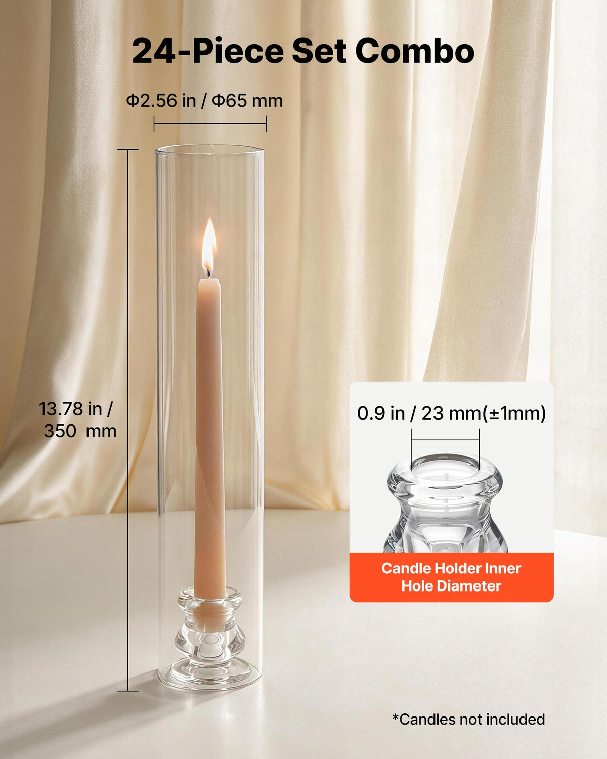 VEVOR Hurricane Candle Holders Set of 24, Φ 65 x 350 mm Tall Clear Glass Cylinder Candleholder Sleeve, High Borosilicate Glass, Wind Protection for Wedding, Table Centerpiece, Party, Home Decor