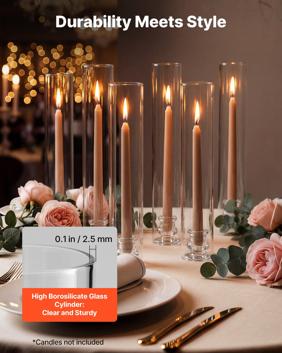 VEVOR Hurricane Candle Holders Set of 24, Φ 65 x 350 mm Tall Clear Glass Cylinder Candleholder Sleeve, High Borosilicate Glass, Wind Protection for Wedding, Table Centerpiece, Party, Home Decor
