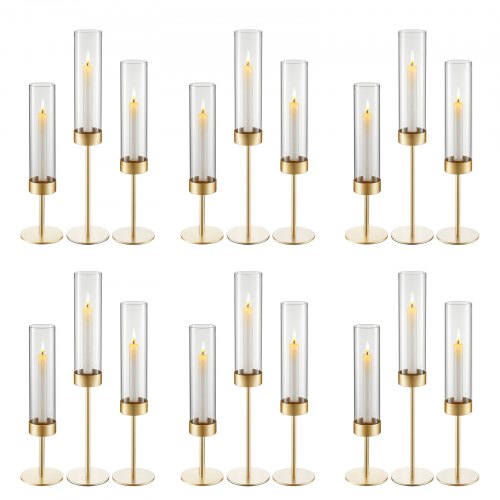 VEVOR Hurricane Candle Holders Set of 18, Gold Metal Stand with Clear Glass Cylinders, Elegant Tiered Centerpieces Wind Protection for Wedding, Table Centerpieces, Party, Home Decor, Modern Style