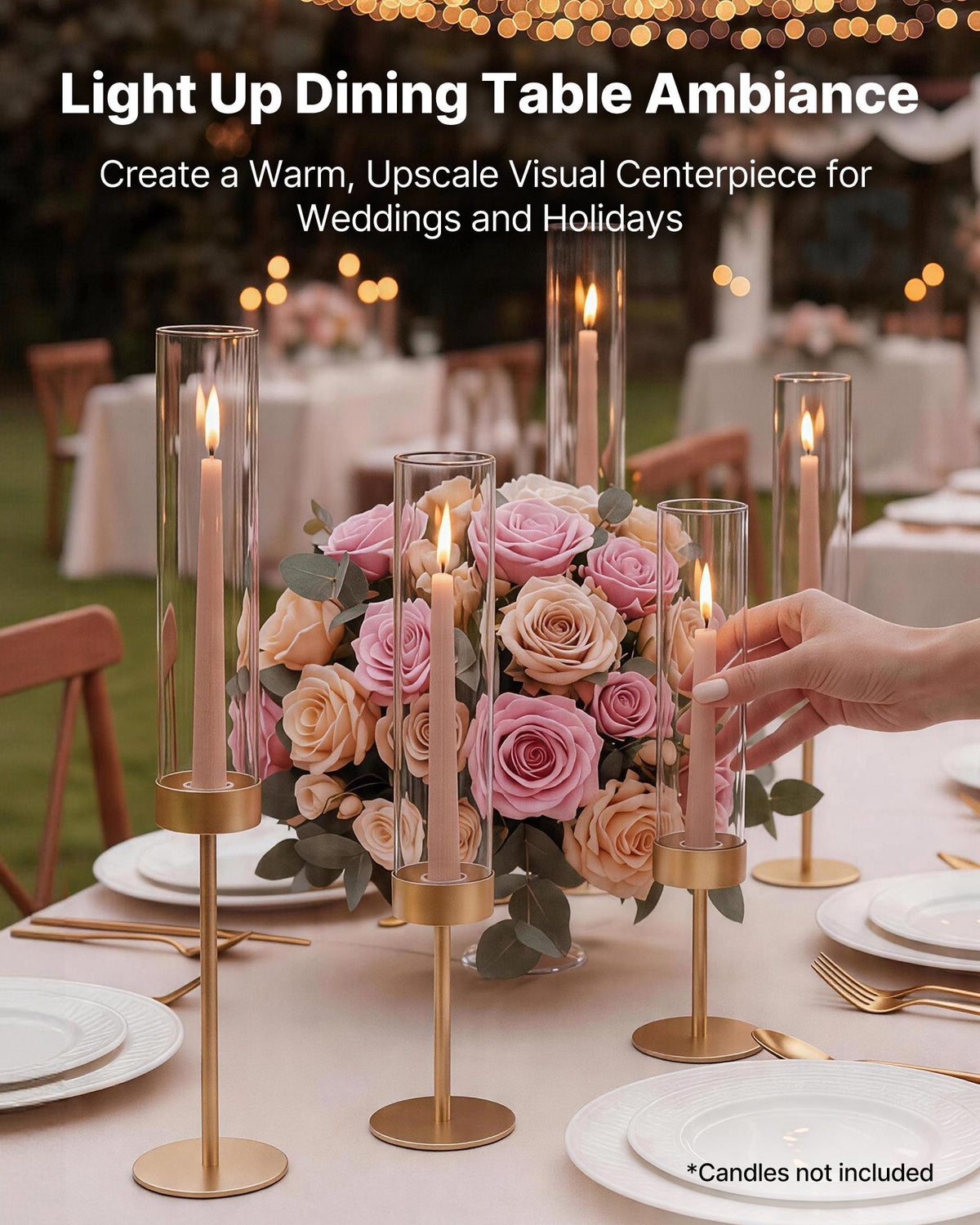VEVOR Hurricane Candle Holders Set of 18, Gold Metal Stand with Clear Glass Cylinders, Elegant Tiered Centerpieces Wind Protection for Wedding, Table Centerpieces, Party, Home Decor, Modern Style