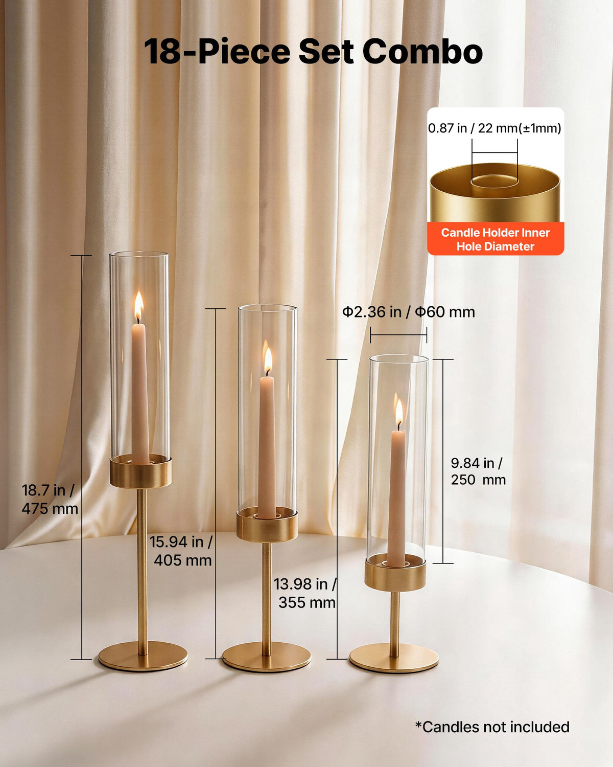 VEVOR Hurricane Candle Holders Set of 18, Gold Metal Stand with Clear Glass Cylinders, Elegant Tiered Centerpieces Wind Protection for Wedding, Table Centerpieces, Party, Home Decor, Modern Style