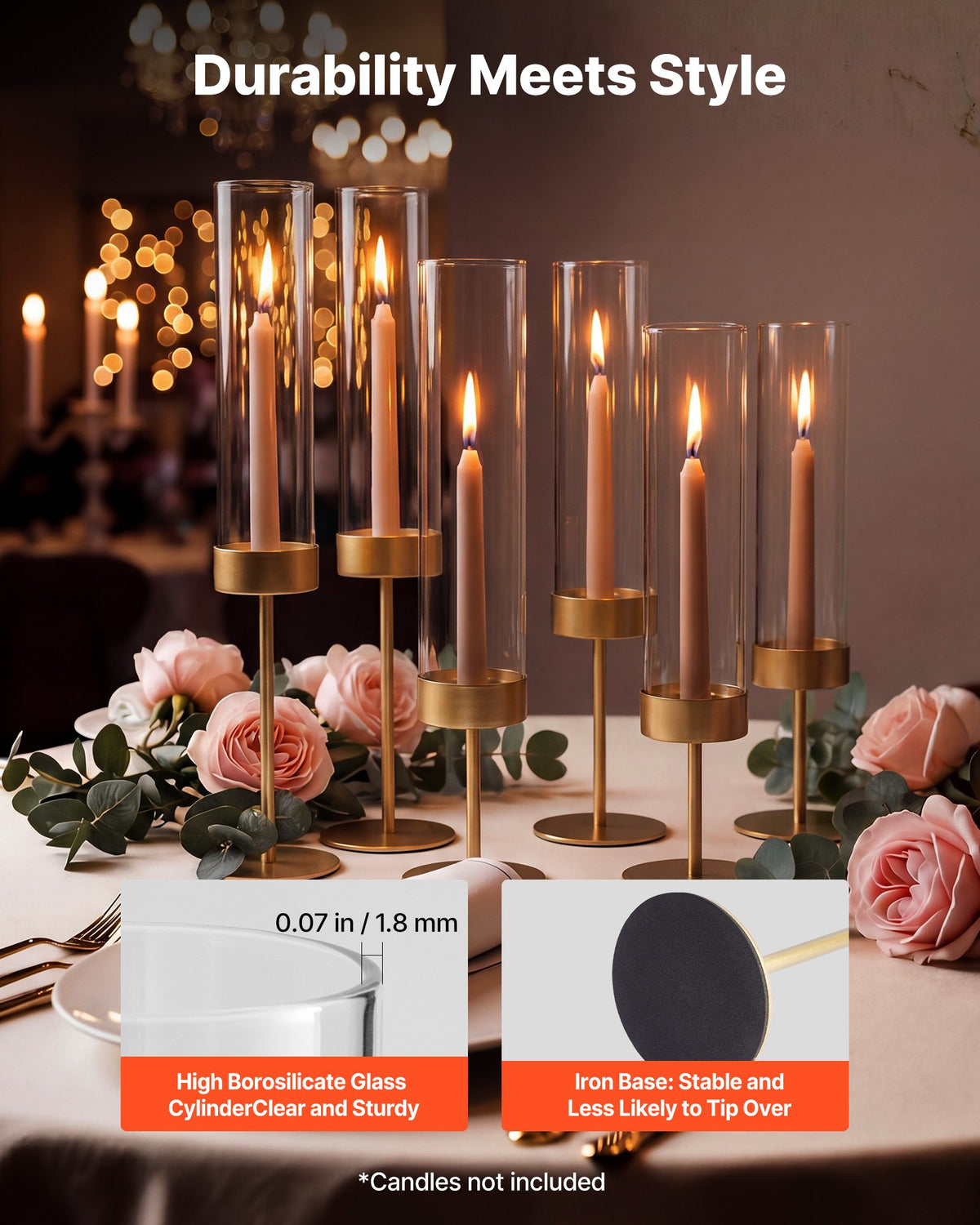 VEVOR Hurricane Candle Holders Set of 18, Gold Metal Stand with Clear Glass Cylinders, Elegant Tiered Centerpieces Wind Protection for Wedding, Table Centerpieces, Party, Home Decor, Modern Style
