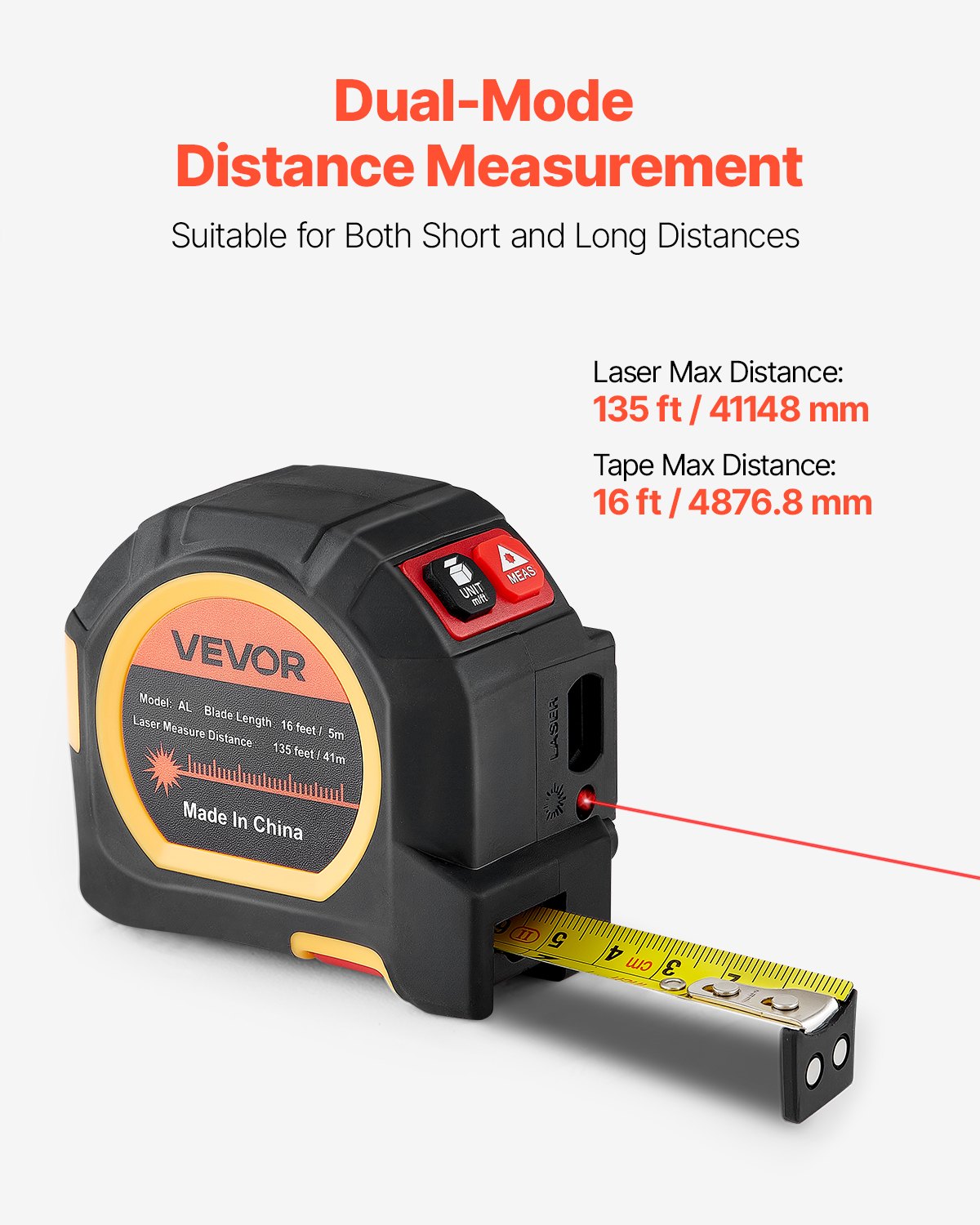 VEVOR 2-in-1 Laser Tape Measure, 41m Rechargeable Laser Measurement Tool & 4.8m Measuring Tape with Magnetic, 4 Modes-Length, Area, Volume, Continuous,ft/in/m/ft+in Unit,for Outdoor,Decoration