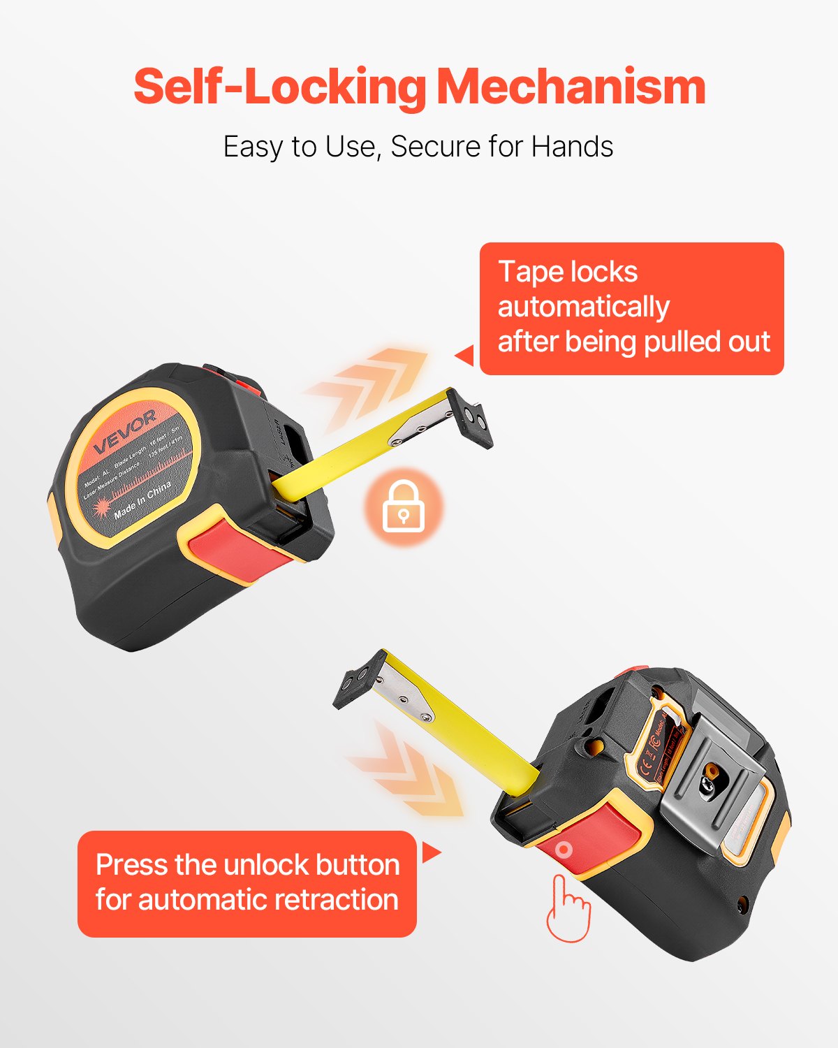 VEVOR 2-in-1 Laser Tape Measure, 41m Rechargeable Laser Measurement Tool & 4.8m Measuring Tape with Magnetic, 4 Modes-Length, Area, Volume, Continuous,ft/in/m/ft+in Unit,for Outdoor,Decoration