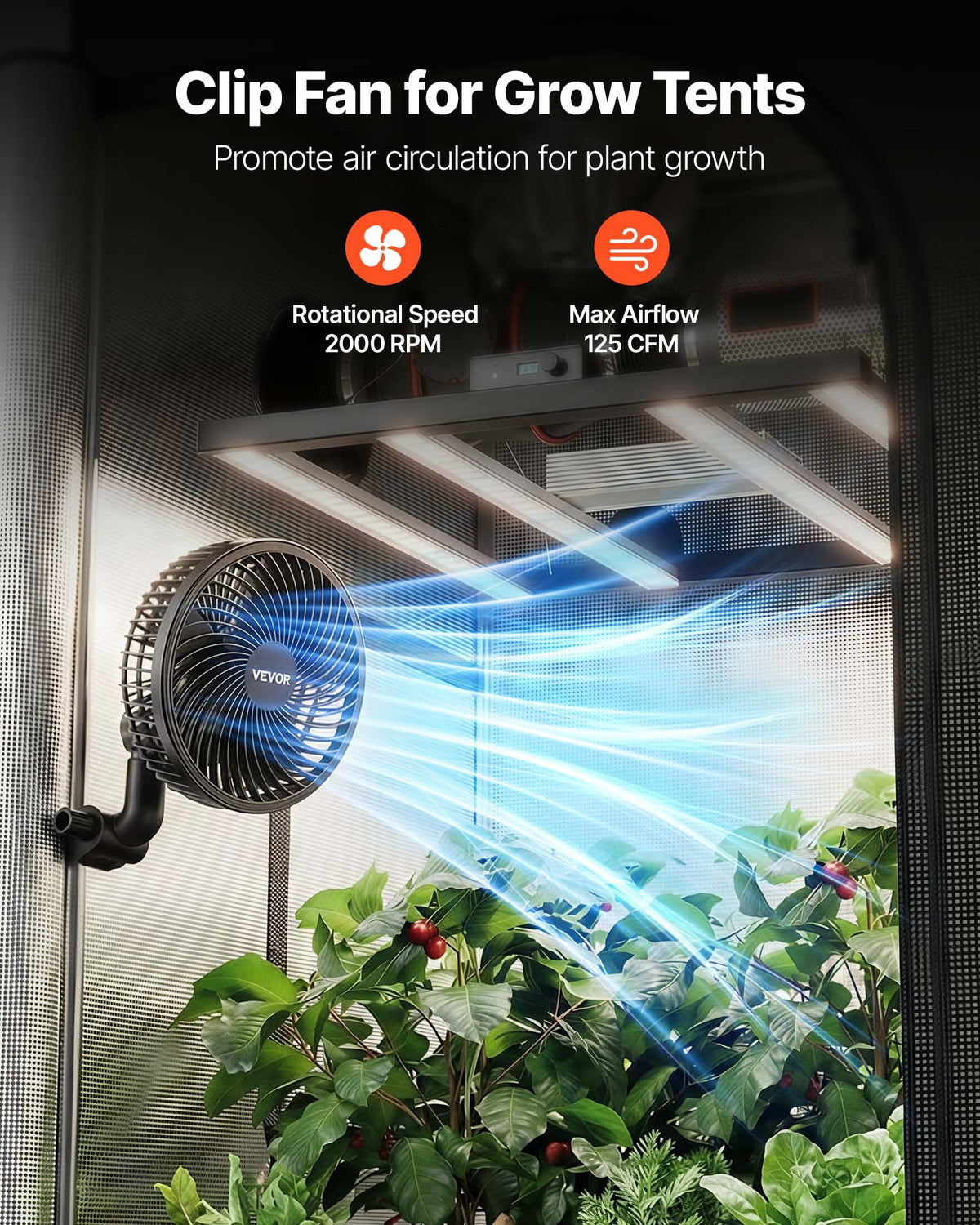 VEVOR Plant Fan, Grow Tent Clip On Fan Rechargeable, Type-C Port with 9 Speeds & Circulation Mode, Smart Control, Powerful Oscillating, Long Runtime for Hydroponics Circulation Cooling, Black, 2 Pack