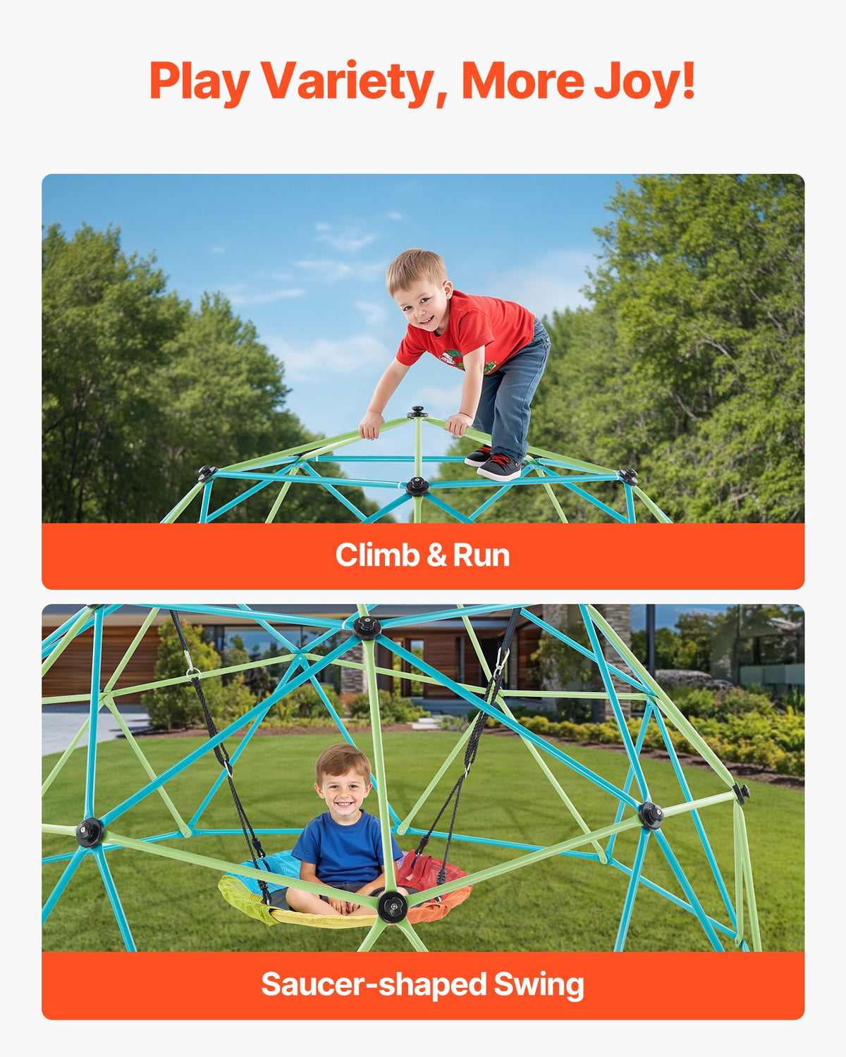 VEVOR Climbing Dome, 305cm Geometric Dome Climber with Saucer Swing, 453kg Loading Kid's Jungle Gym Playground, Easy-Assembly Outdoor Backyard Climbing Equipment for Boys Girls 3 to 10 Years Old