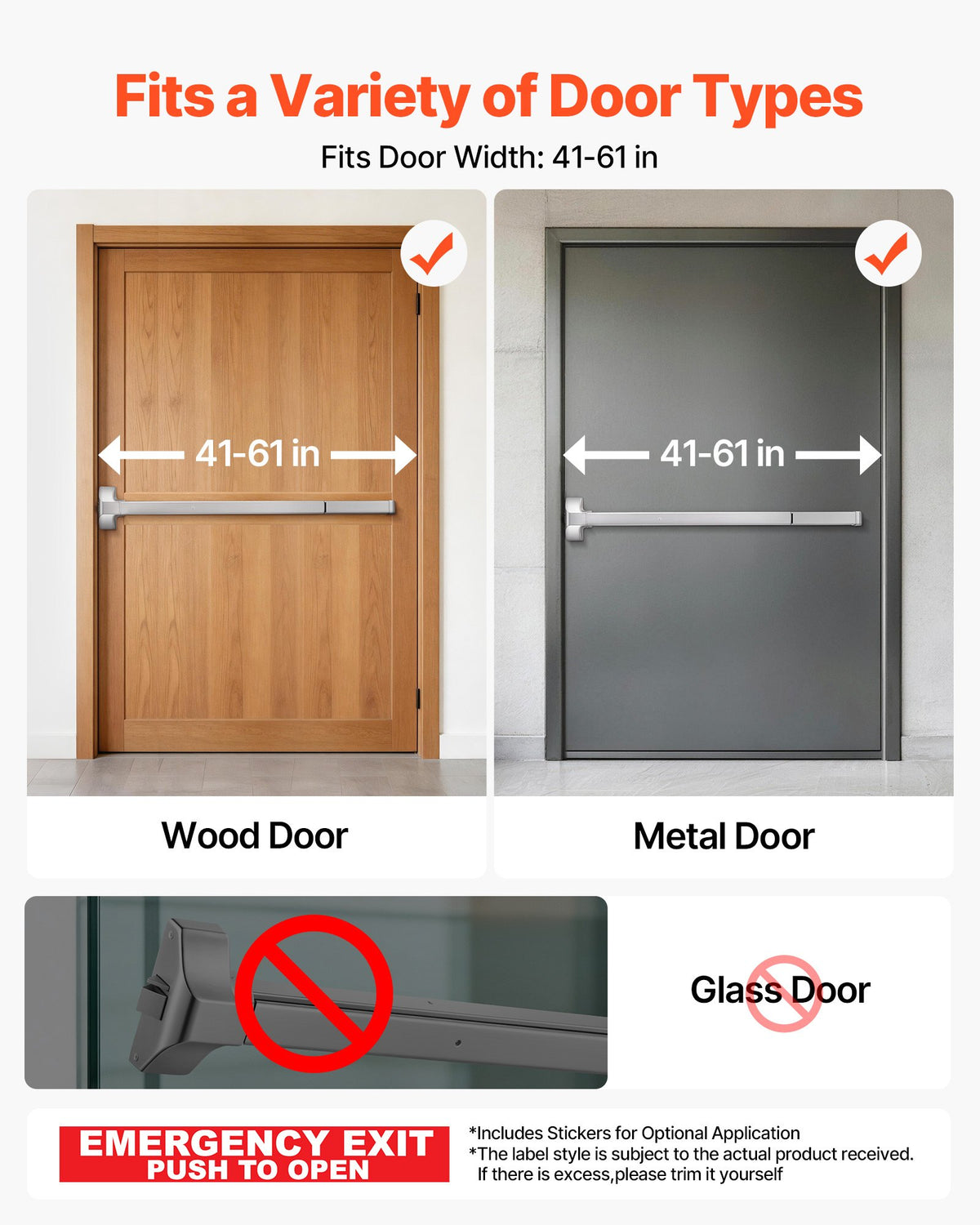 VEVOR Push Bar Panic Exit Device, 1045 mm Stainless Steel Commercial Panic Bar for Exit Doors, Emergency Exit Door Hardware with Exterior Lever Handle and 6 Keys, for 1045-1549 mm Wood or Metal Door