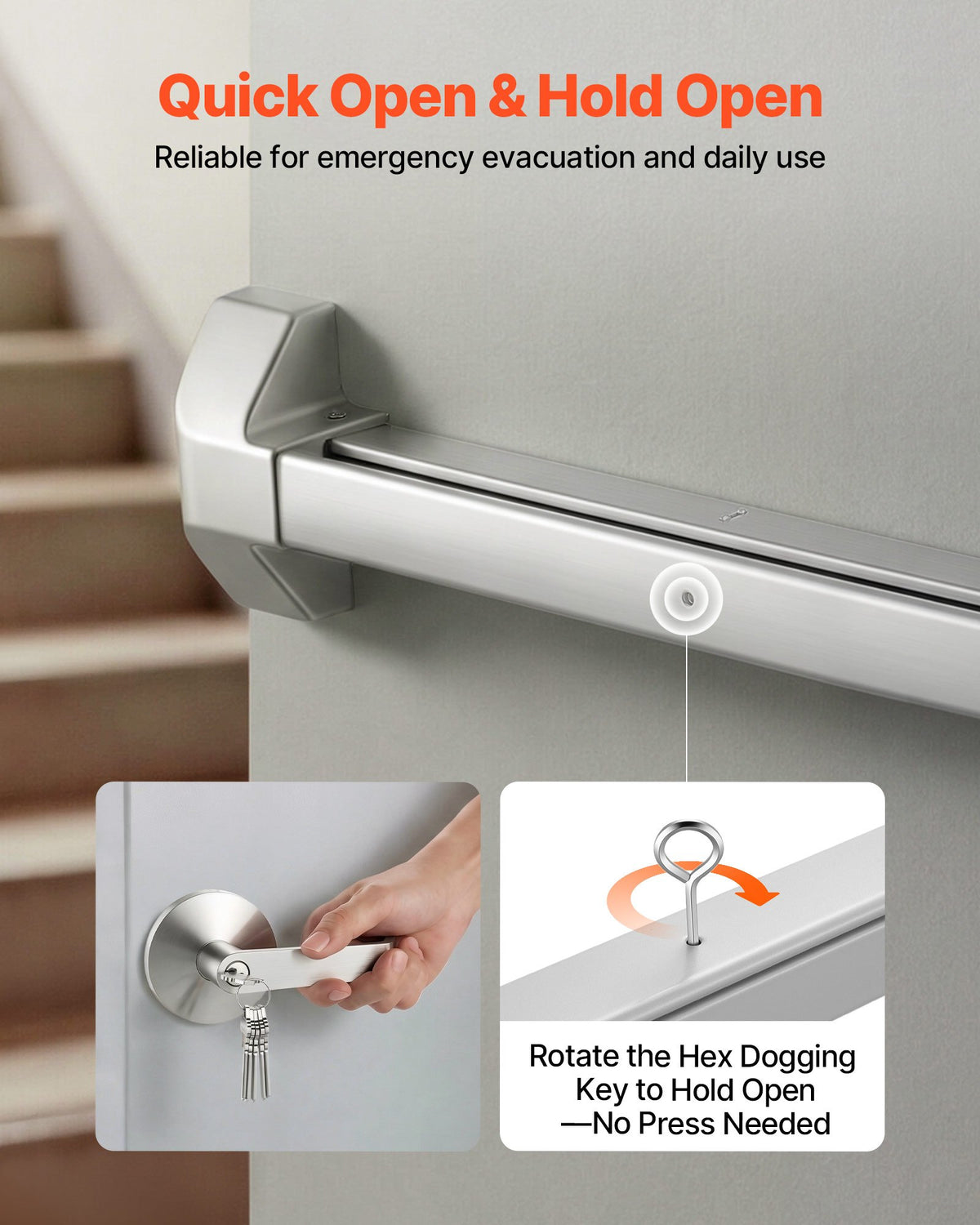 VEVOR Push Bar Panic Exit Device, 1045 mm Stainless Steel Commercial Panic Bar for Exit Doors, Emergency Exit Door Hardware with Exterior Lever Handle and 6 Keys, for 1045-1549 mm Wood or Metal Door