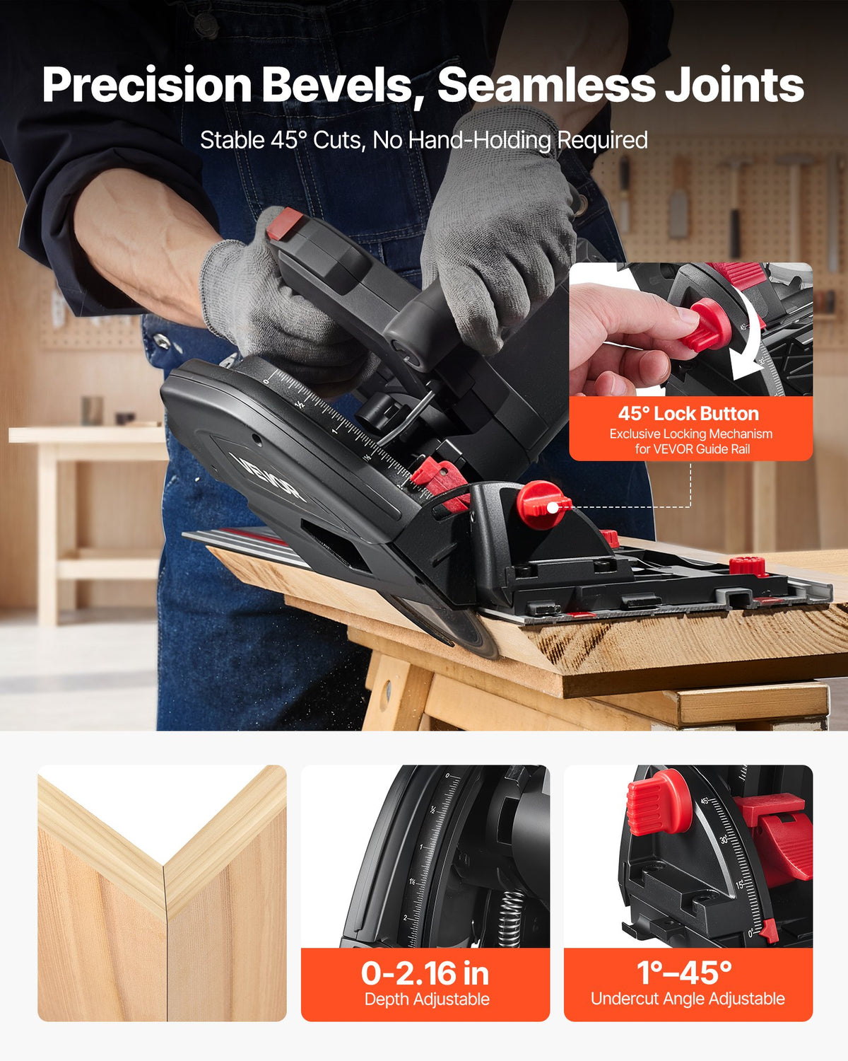 VEVOR Track Saw, 165.1 mm, Plunge-Cut Circular Saw Kit, Tracksaw with 48-Tooth Carbide-Tipped Blade, 0-45° Angle Adjustment, 55 mm Cutting Depth, for Wood, Plastic, Guide Rail Not Included, Black