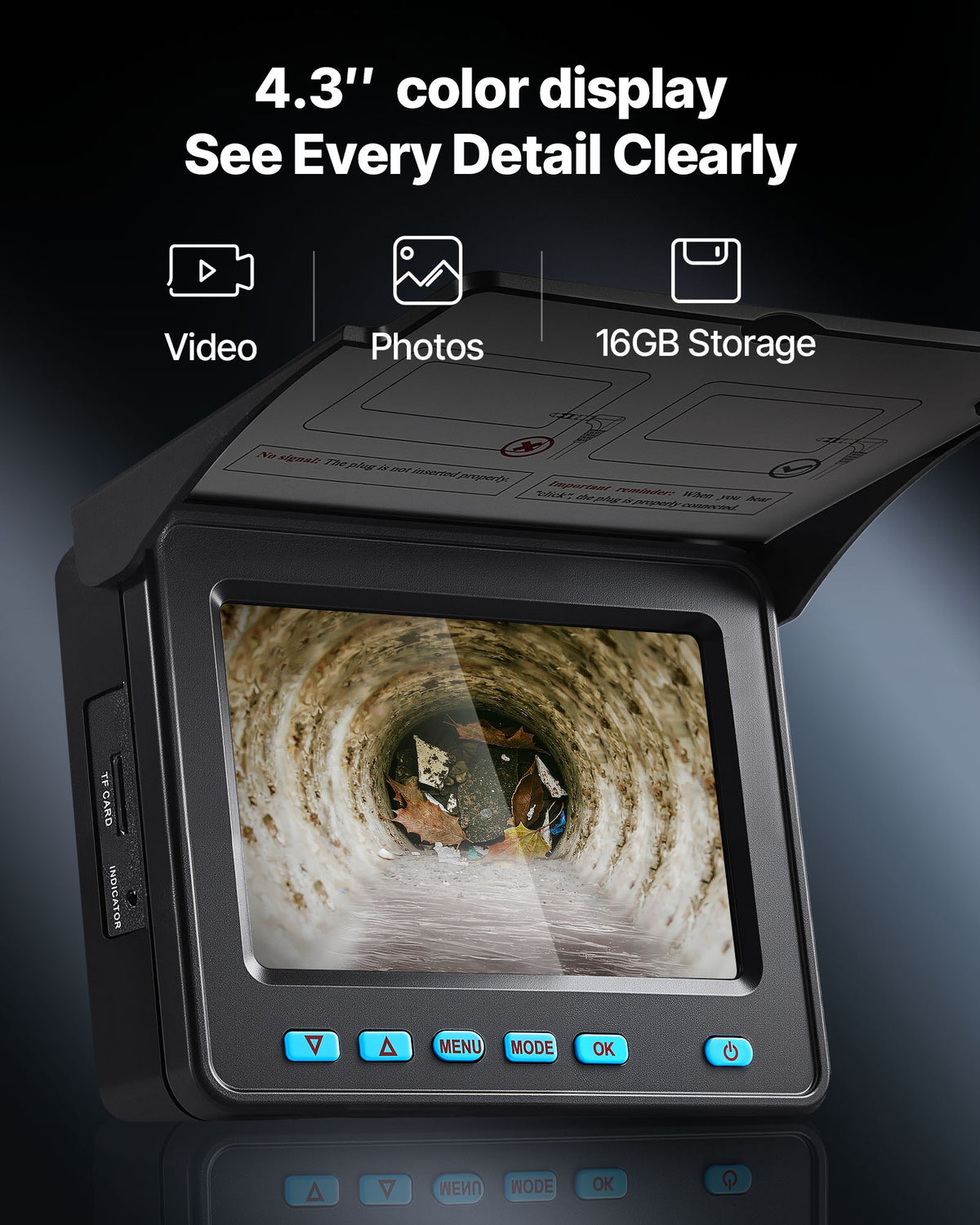 VEVOR Sewer Camera, 20m Drain Inspection Camera, IP68 Waterproof Snake Plumbing Cameras with Lights - 6 Adjustable LEDs, 4500mAh Battery & 16GB Card for Sewer Line Duct Pipes