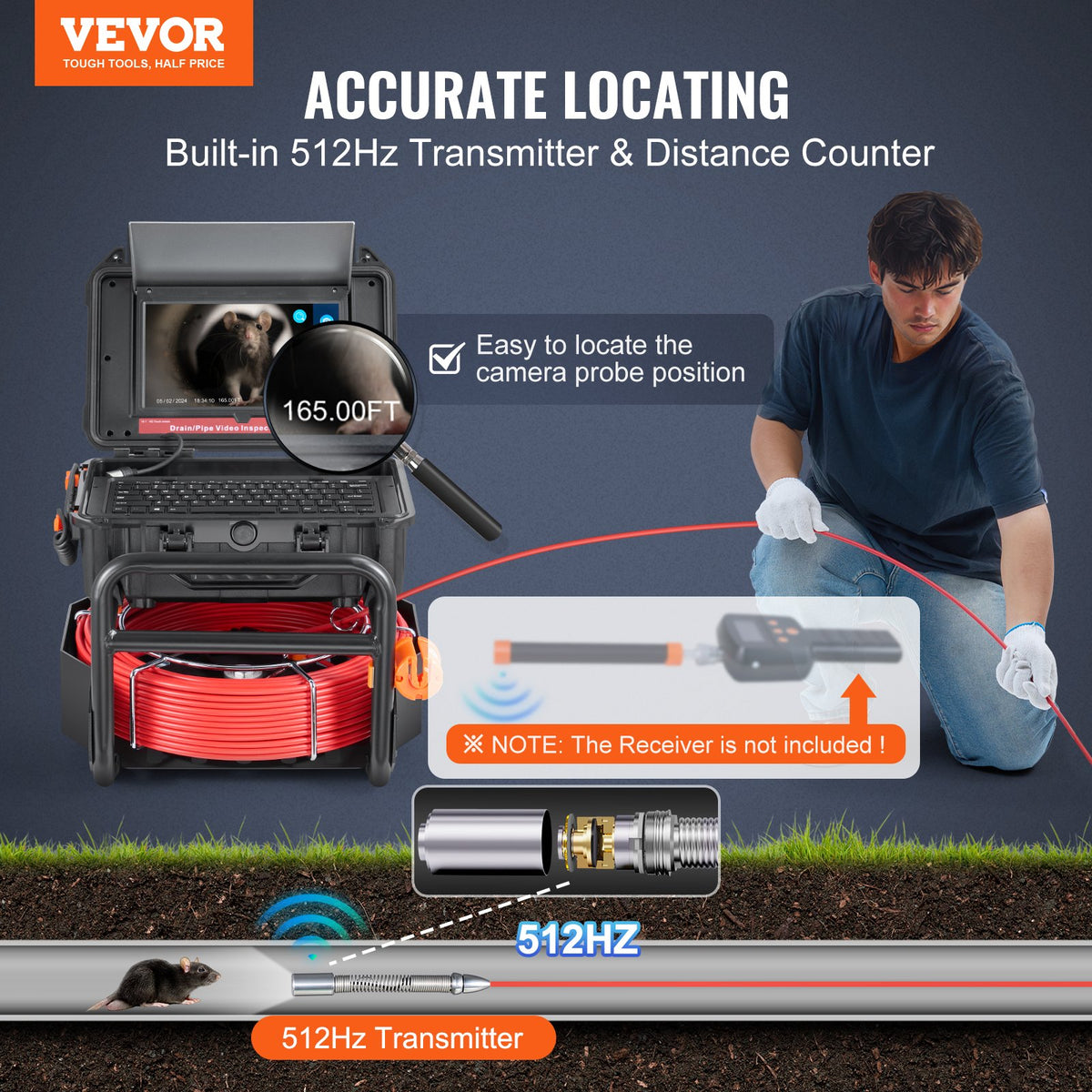 VEVOR Sewer Camera, 165 ft/50m, Self-Leveling Drain Camera with 10.1" Touchscreen, 512Hz Transmitter & Distance Counter, IP67 Snake Plumbing Camera with Lights-12 LED, 32GB Card for Duct Pipe