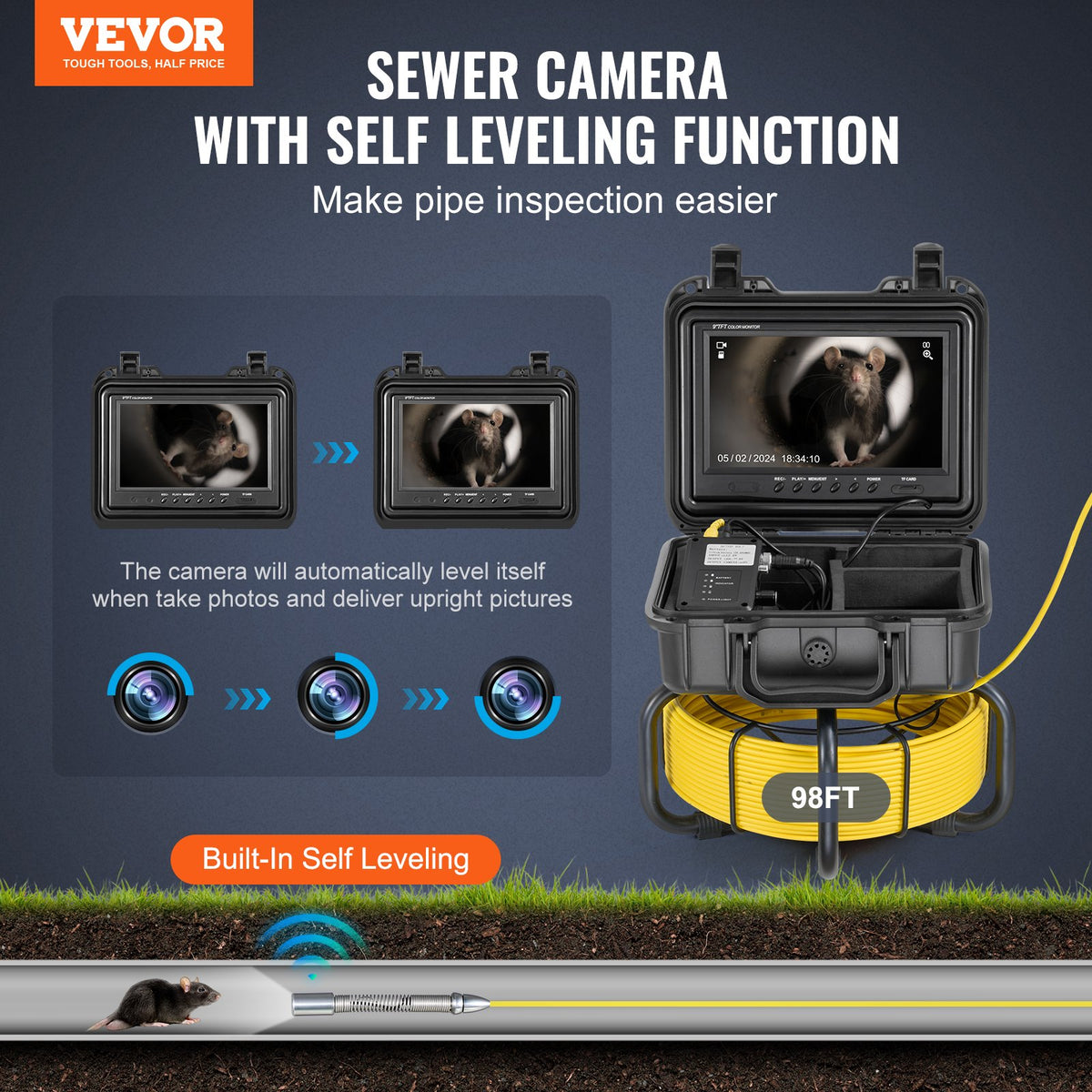 VEVOR Sewer Camera, 98 ft/30m, Self-Leveling Drain Inspection Camera with 9" 1080P HD Screen, 36X Zoom, IP68 Waterproof Plumbing Camera with Lights-12 LED, 32GB Card Snake Camera for Duct Pipe