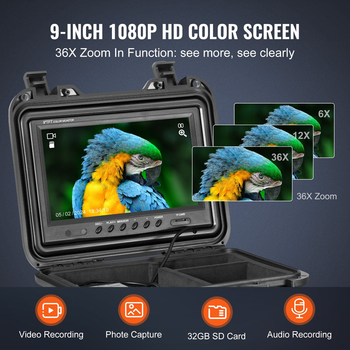 VEVOR Sewer Camera, 98 ft/30m, Self-Leveling Drain Inspection Camera with 9" 1080P HD Screen, 36X Zoom, IP68 Waterproof Plumbing Camera with Lights-12 LED, 32GB Card Snake Camera for Duct Pipe