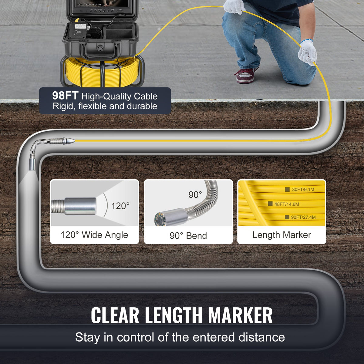VEVOR Sewer Camera, 98 ft/30m, Self-Leveling Drain Inspection Camera with 9" 1080P HD Screen, 36X Zoom, IP68 Waterproof Plumbing Camera with Lights-12 LED, 32GB Card Snake Camera for Duct Pipe
