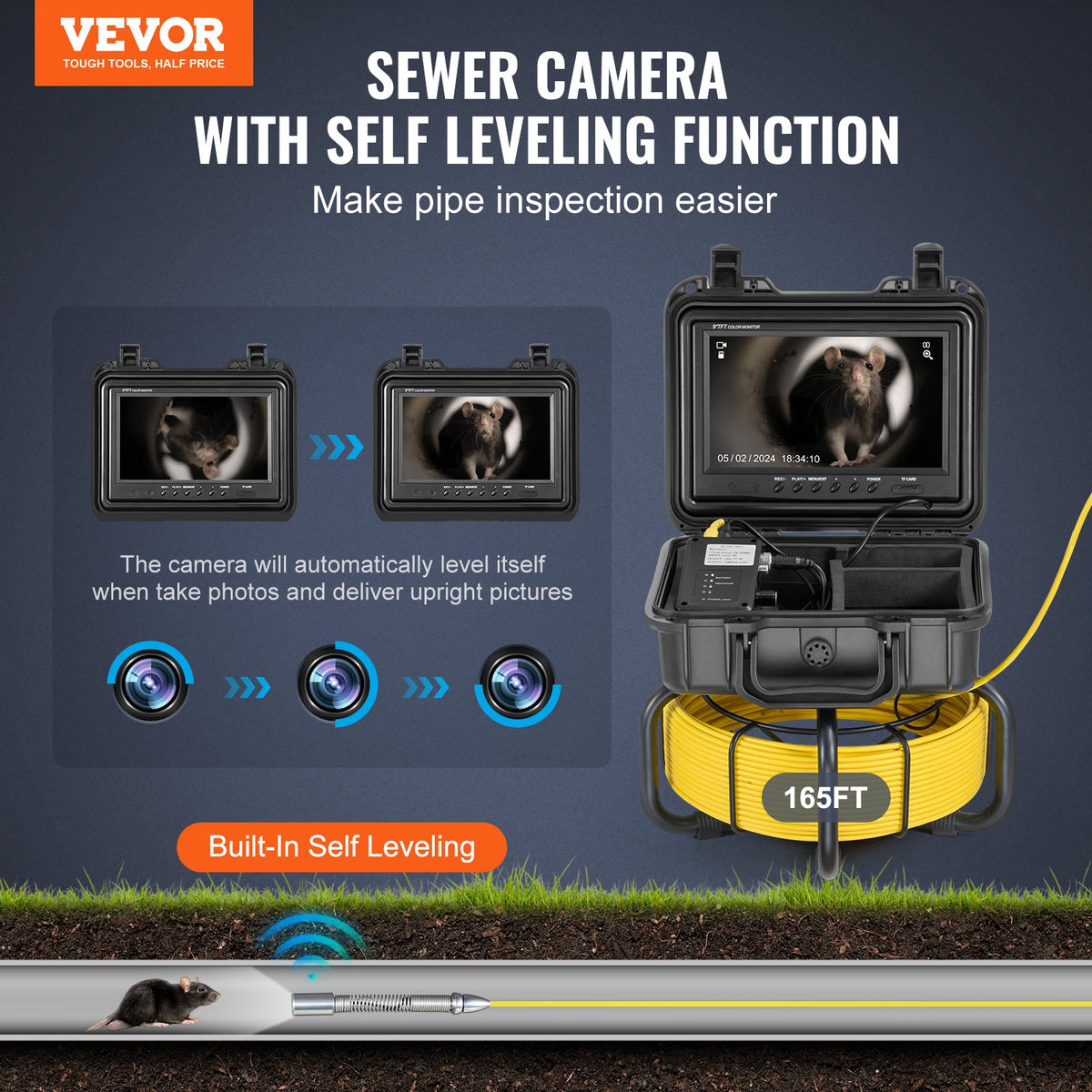VEVOR Sewer Camera, 165 ft/50m, Self-Leveling Pipeline Inspection Camera with 9" 1080P HD Screen, 36X Zoom, IP68 Waterproof Plumbing Camera with Lights-12 LED, 32GB Card Snake Camera for Duct Pipe