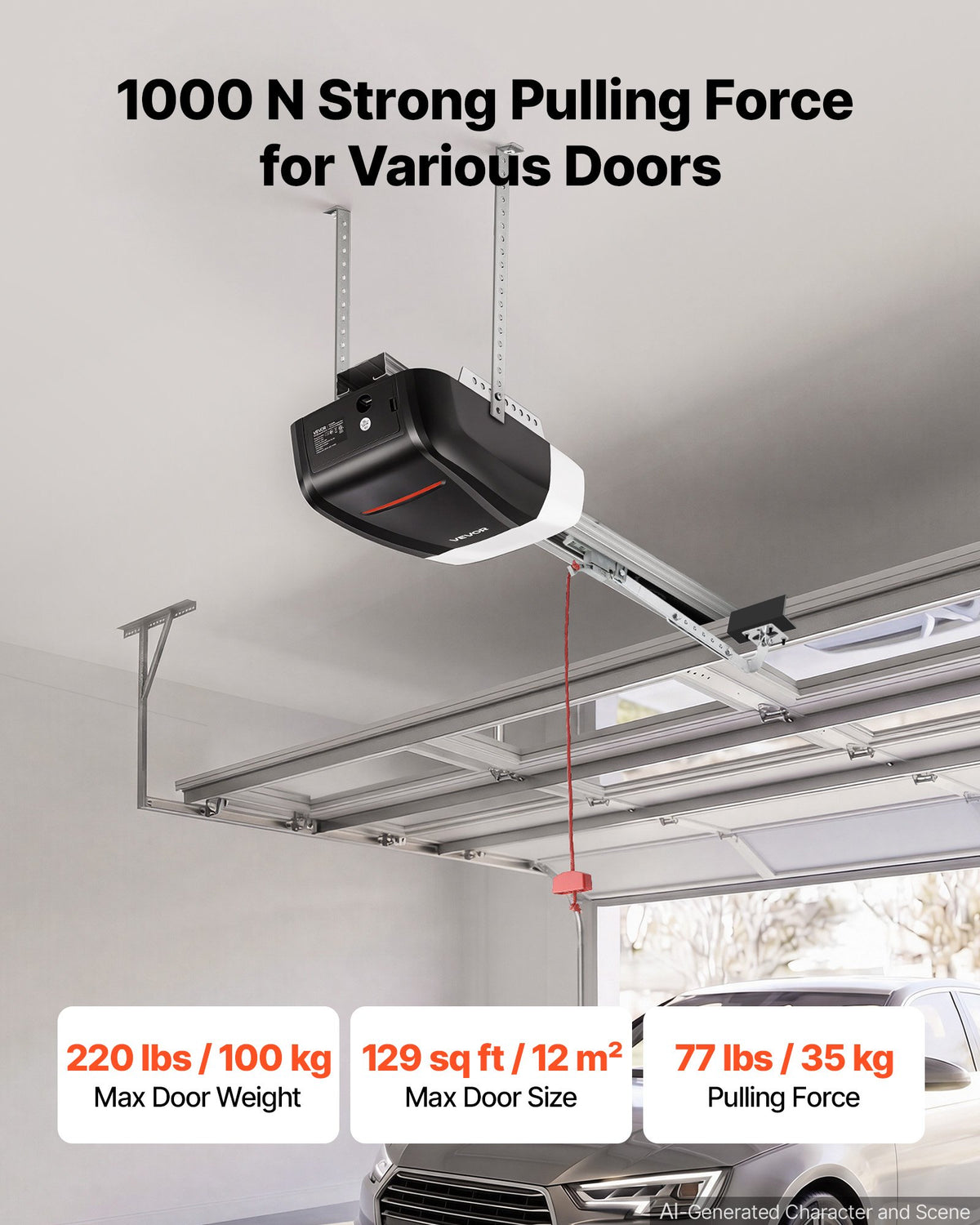 VEVOR Garage Door Opener 1000N Pulling Force Ultra-Quiet Belt Drive Opener, for Residential Garage, Includes Durable 4-Section Rail, 2 Remotes & LED Lighting, One-Touch In-Car Control, Black & White